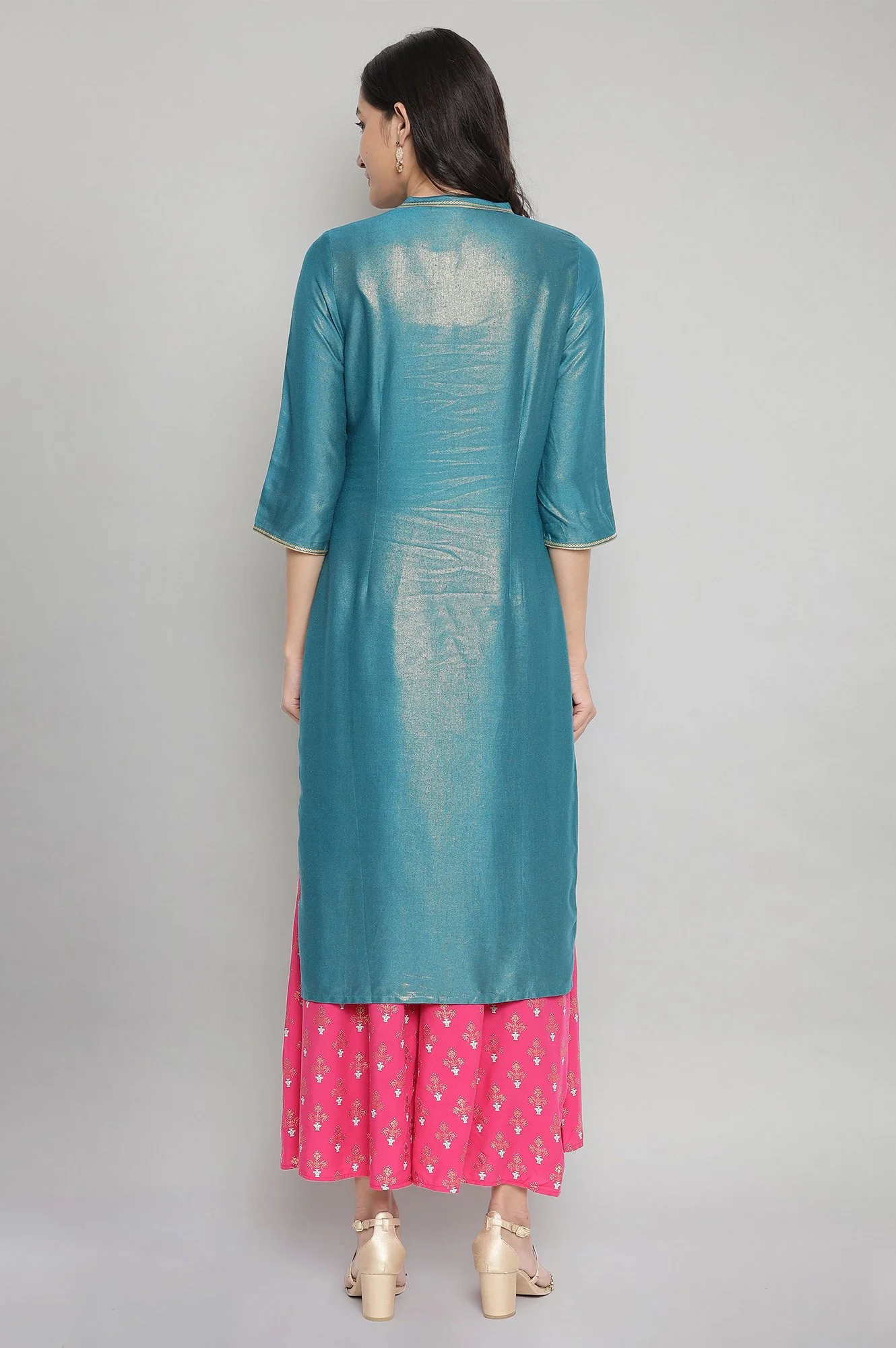 Teal Embroidered Straight kurta - Image 2