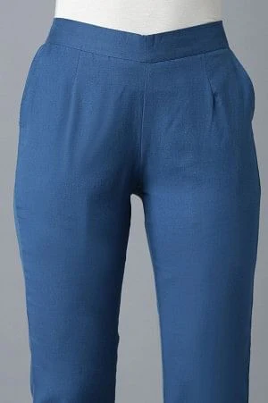 Blue Solid Straight Fit Cotton Trousers With Elasticated Waist - Image 6
