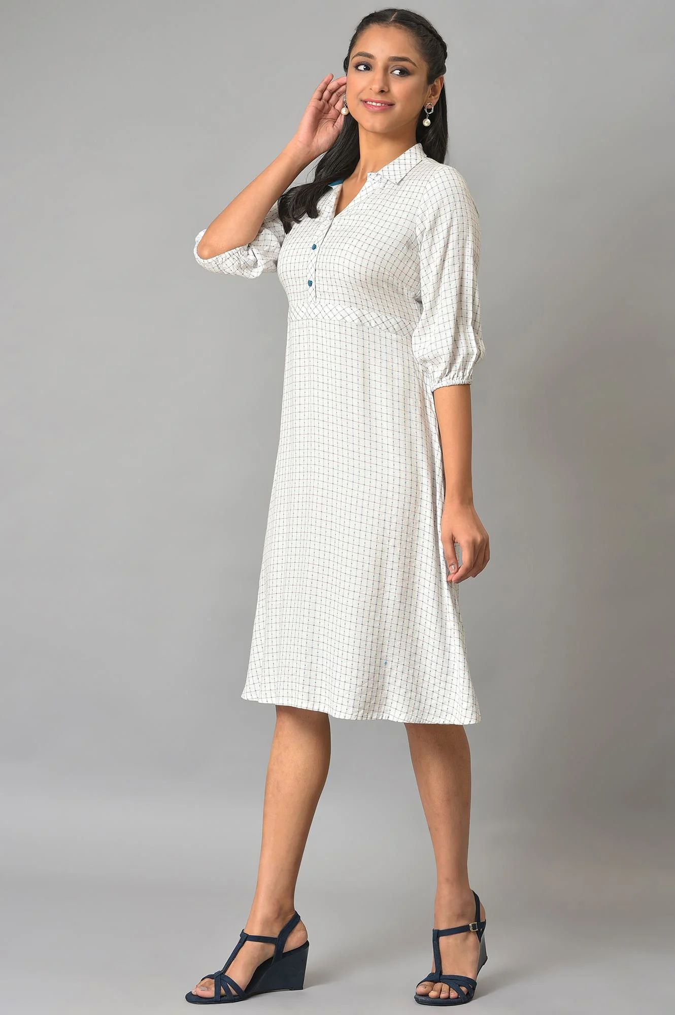 White A-Line Shirt Collar Dress - Image 3