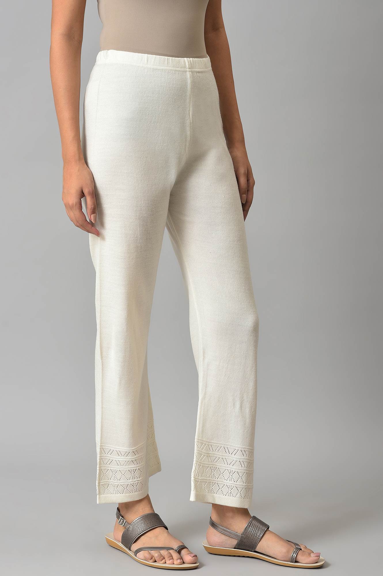 White Geometric Straight Fit Acrylic Palazzo With Elasticated Waist - Image 4