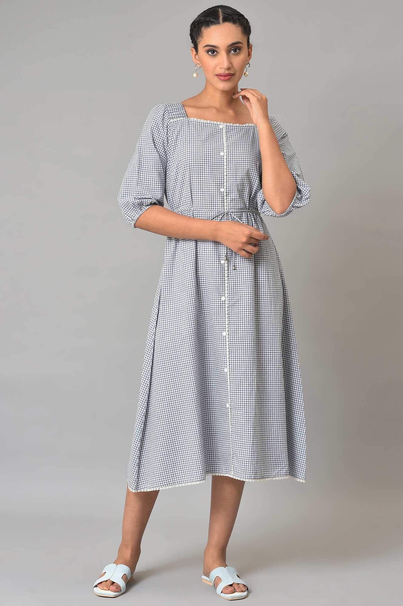 White And Black Check Cotton Dress - Image 6