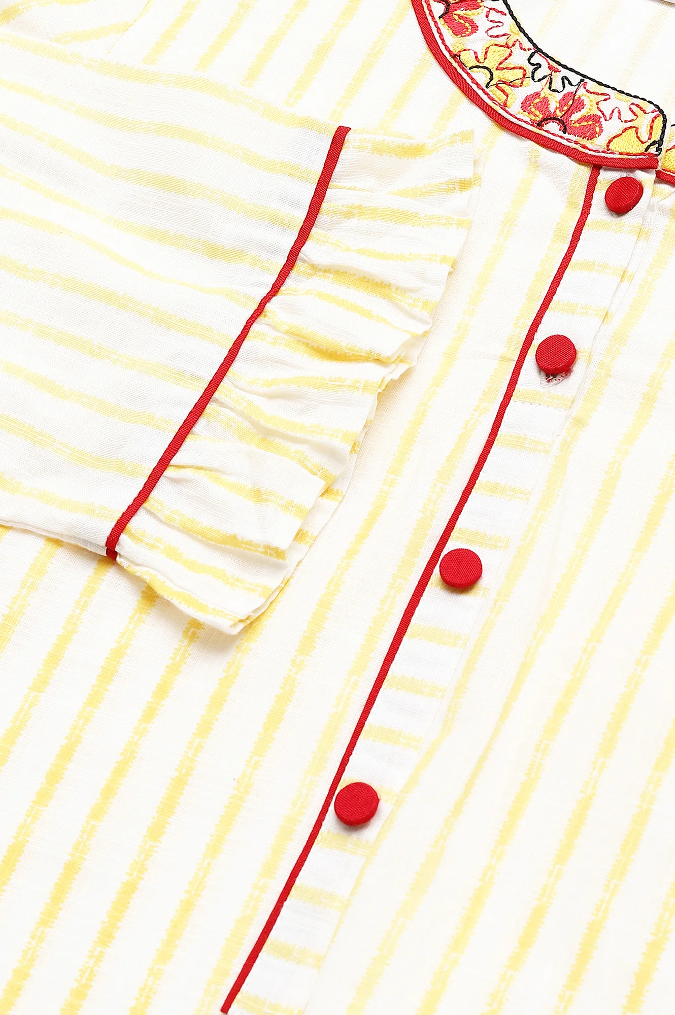 White and Yellow Printed kurta with Embroidered Collar - Image 7