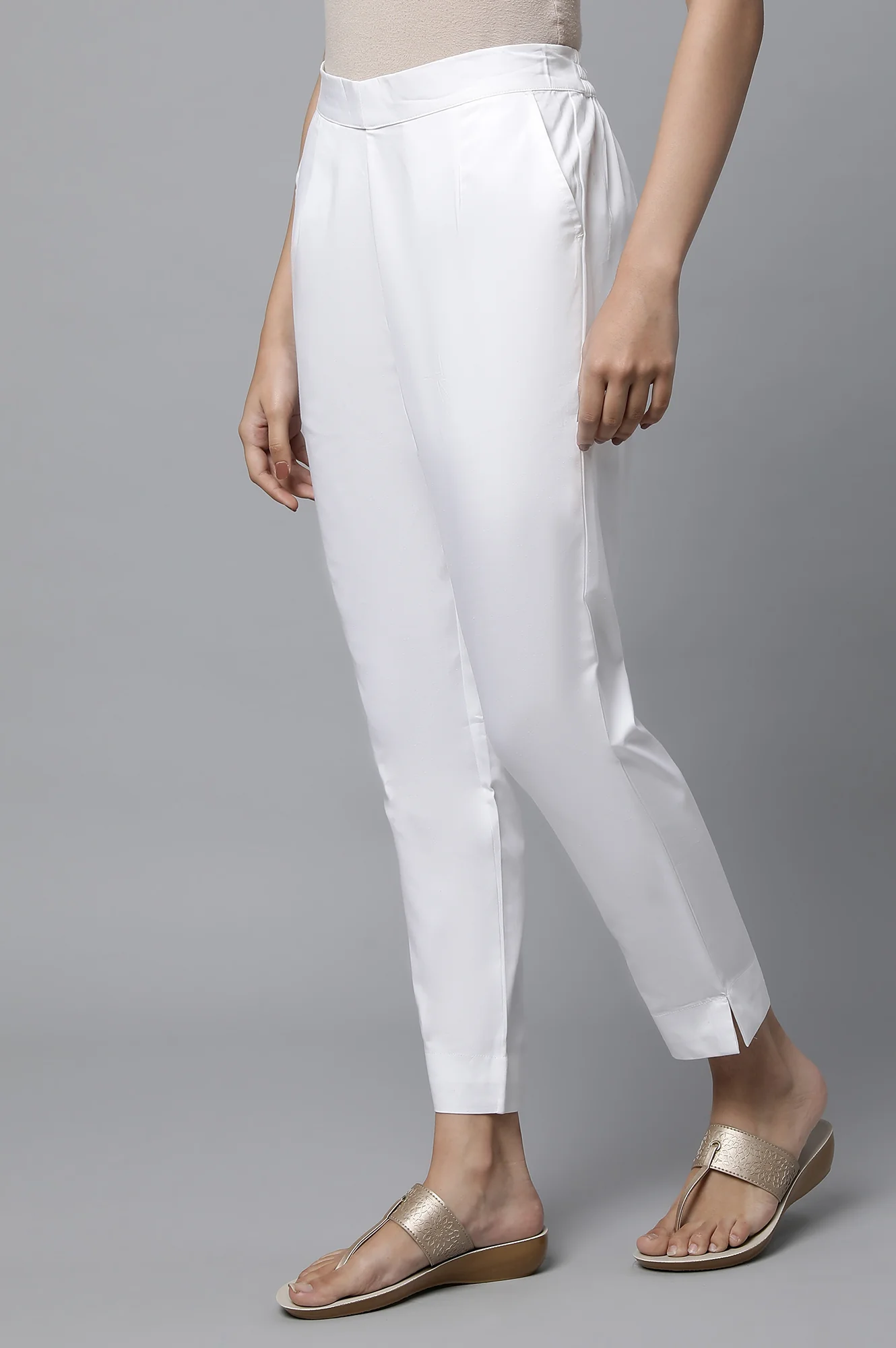 White Basic Solid Cotton Trouser Pants - Image 3