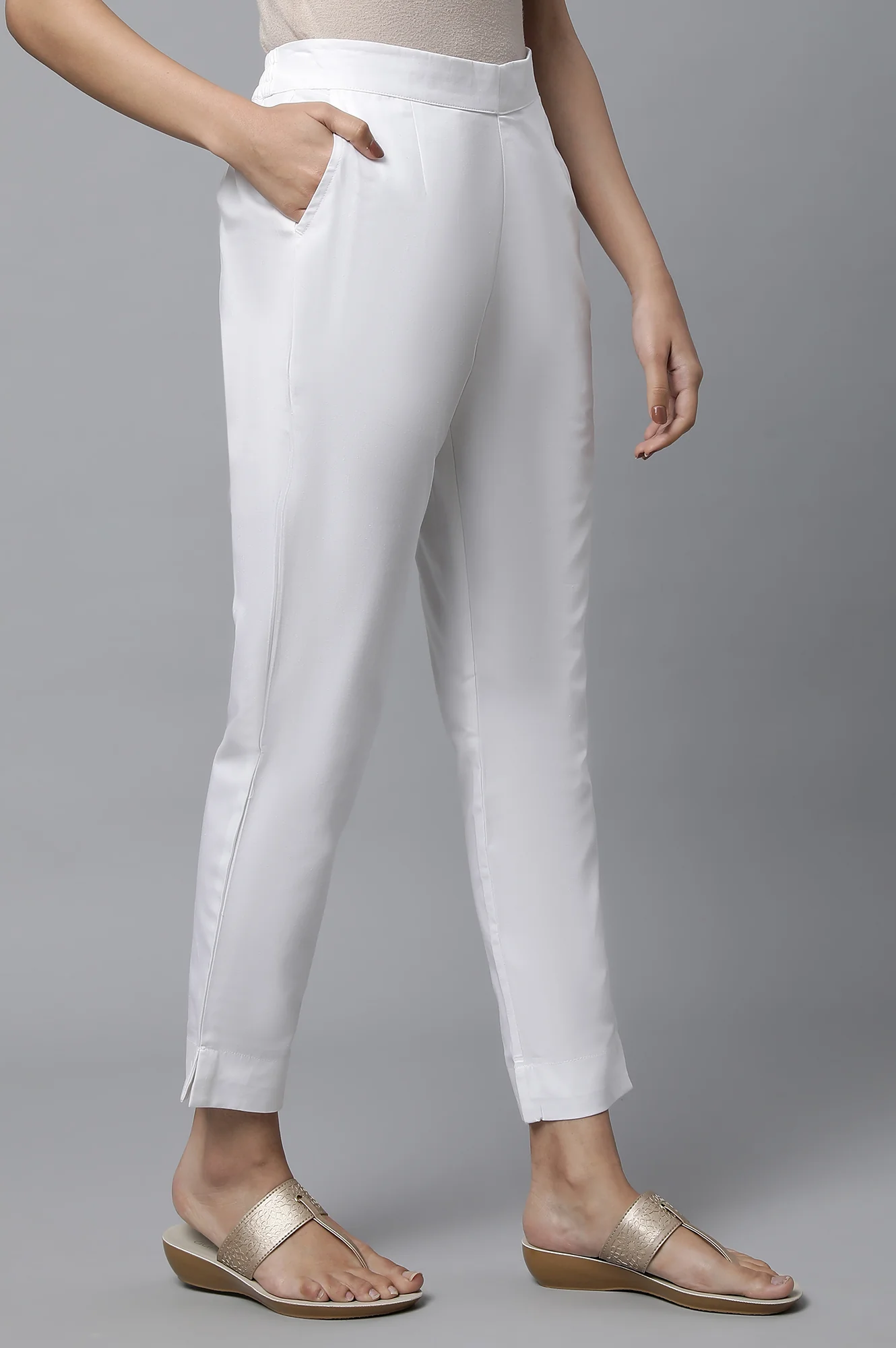 White Basic Solid Cotton Trouser Pants - Image 4