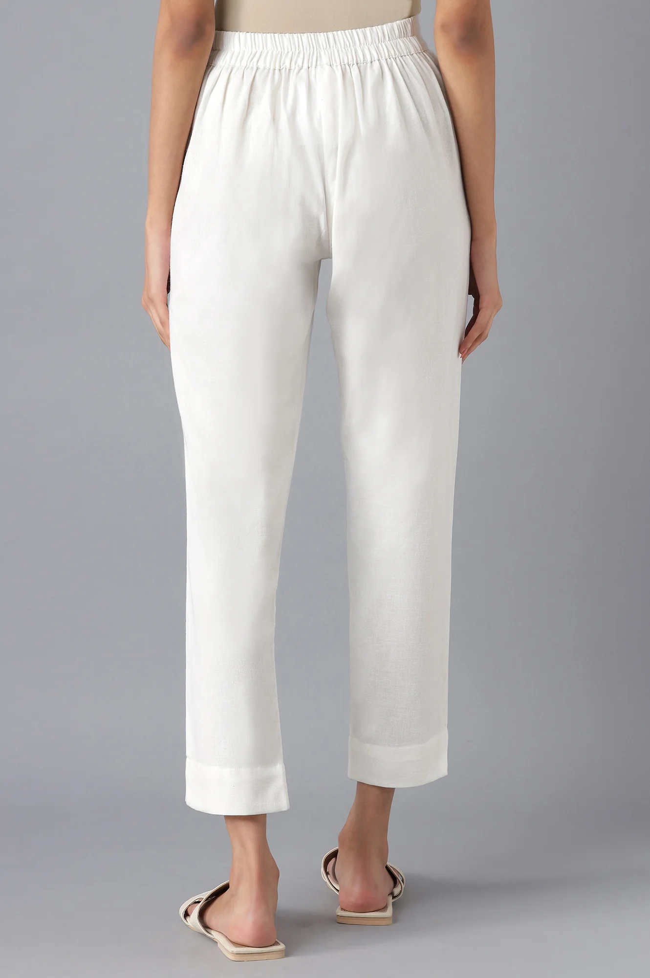 White Cotton Solid Trousers - Image 2