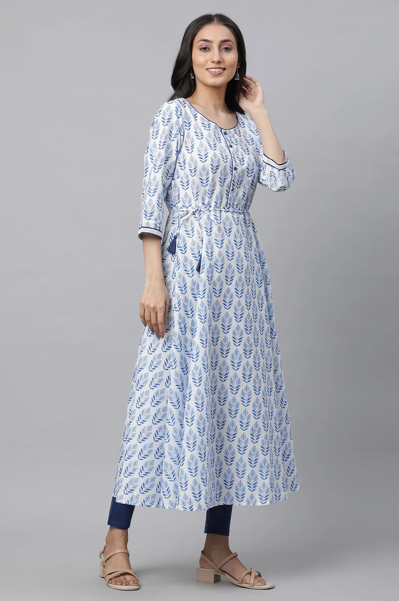 White Flared Kurta with Blue Floral Print - Image 6