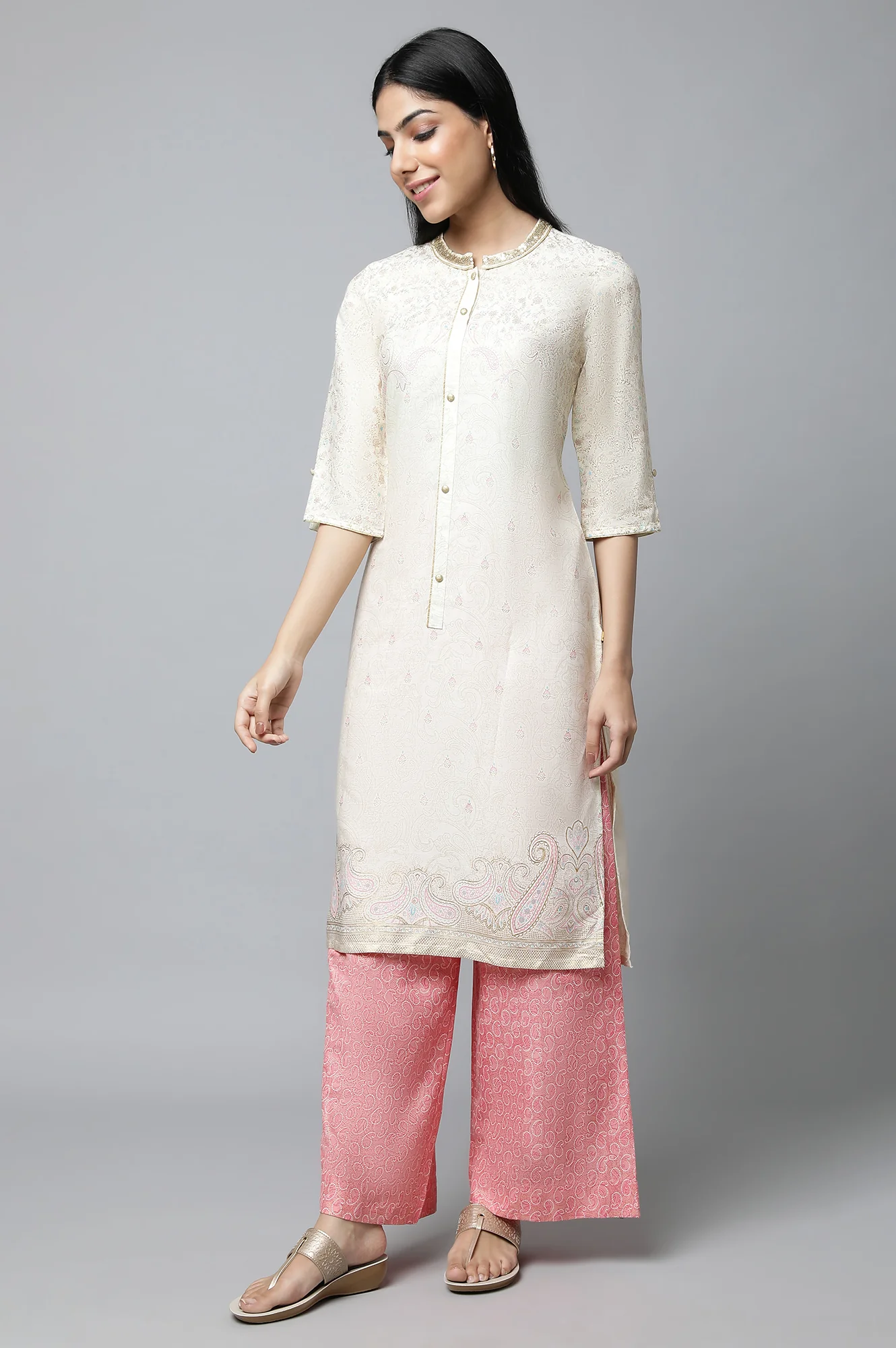 White Floral Printed Festive kurta Set - Image 3