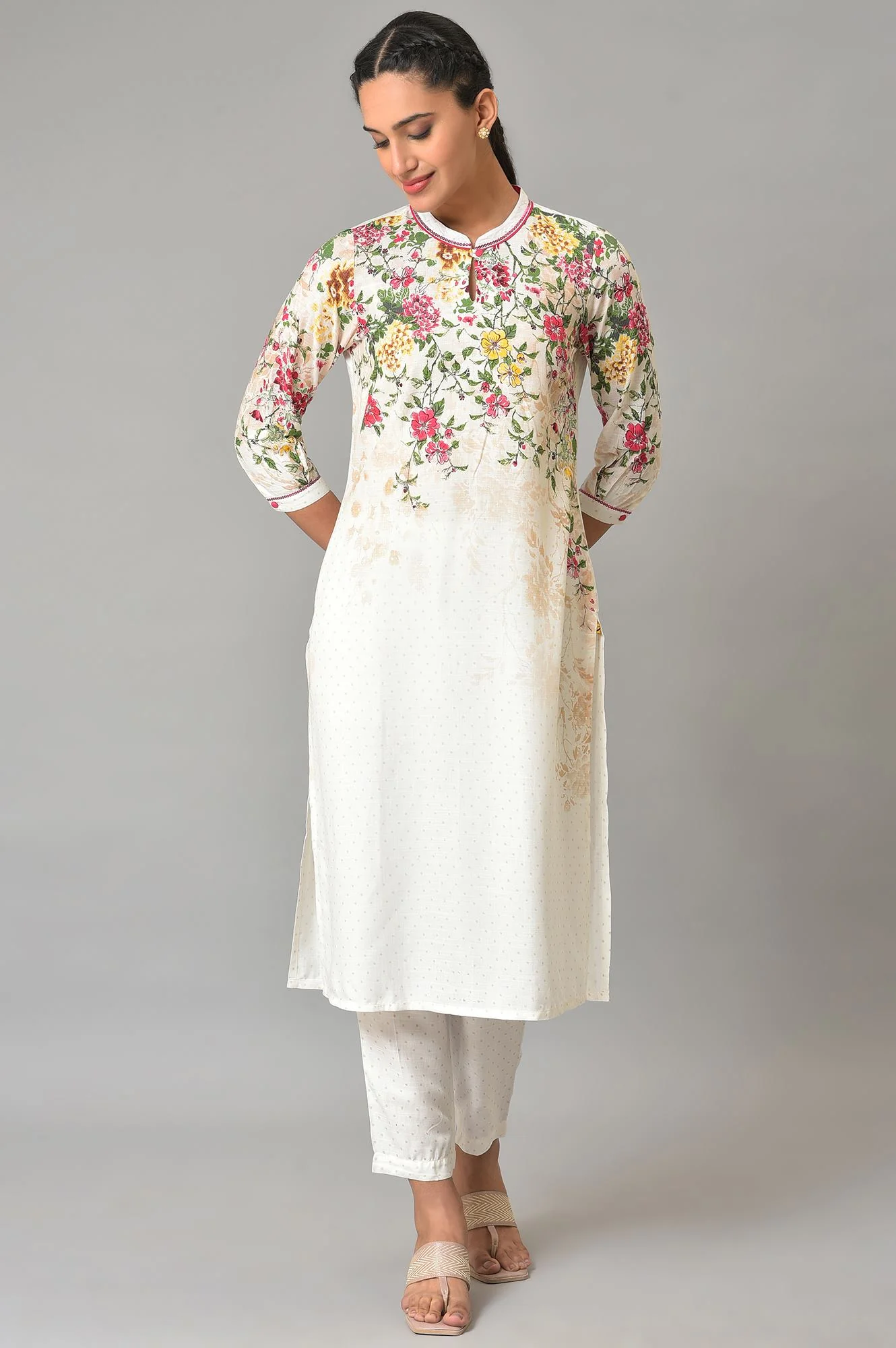 White Floral Printed Summer kurta Set - Image 8