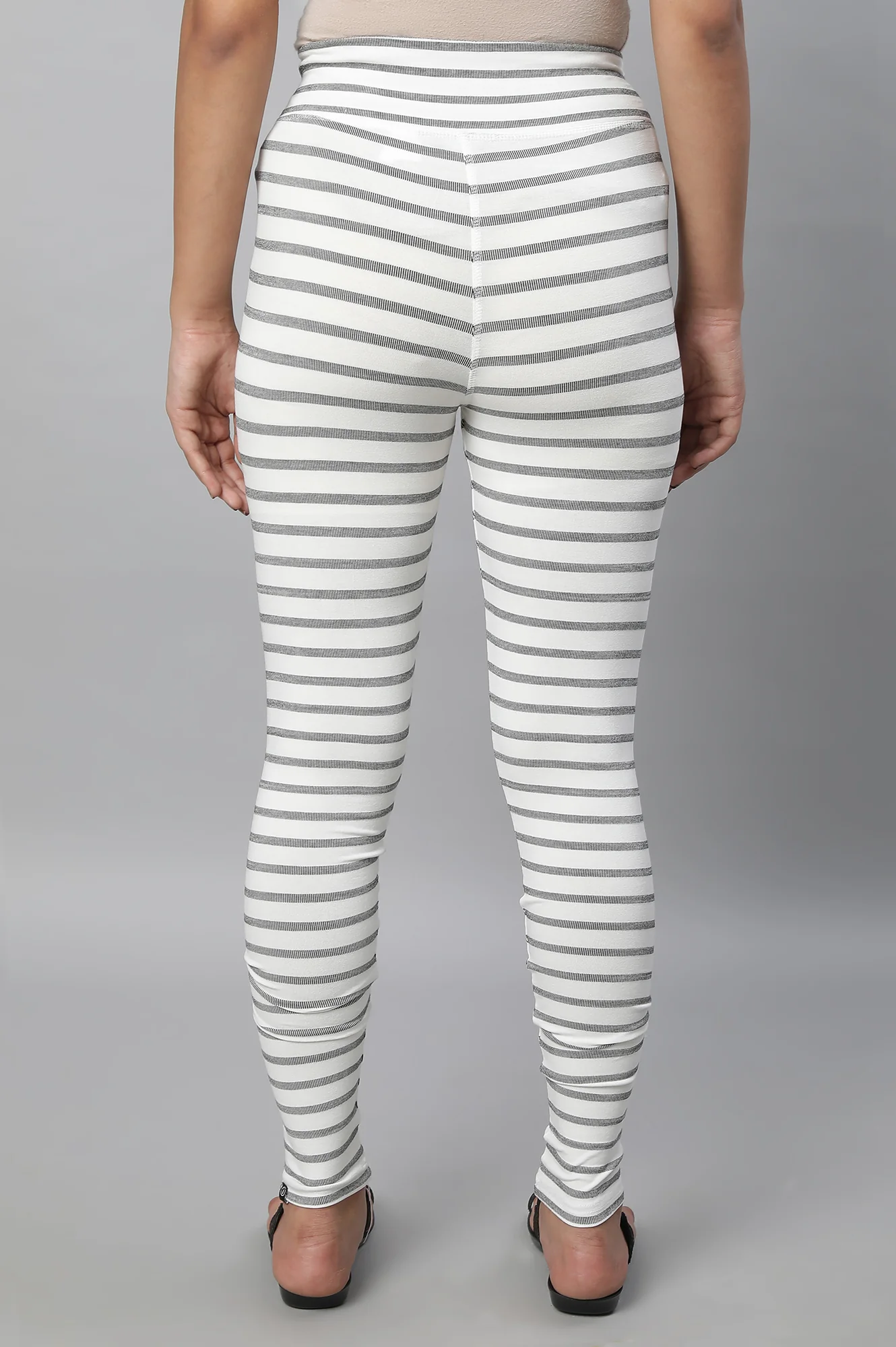 White Striped Skinny Fit Cotton Tights With High Waistband - Image 2