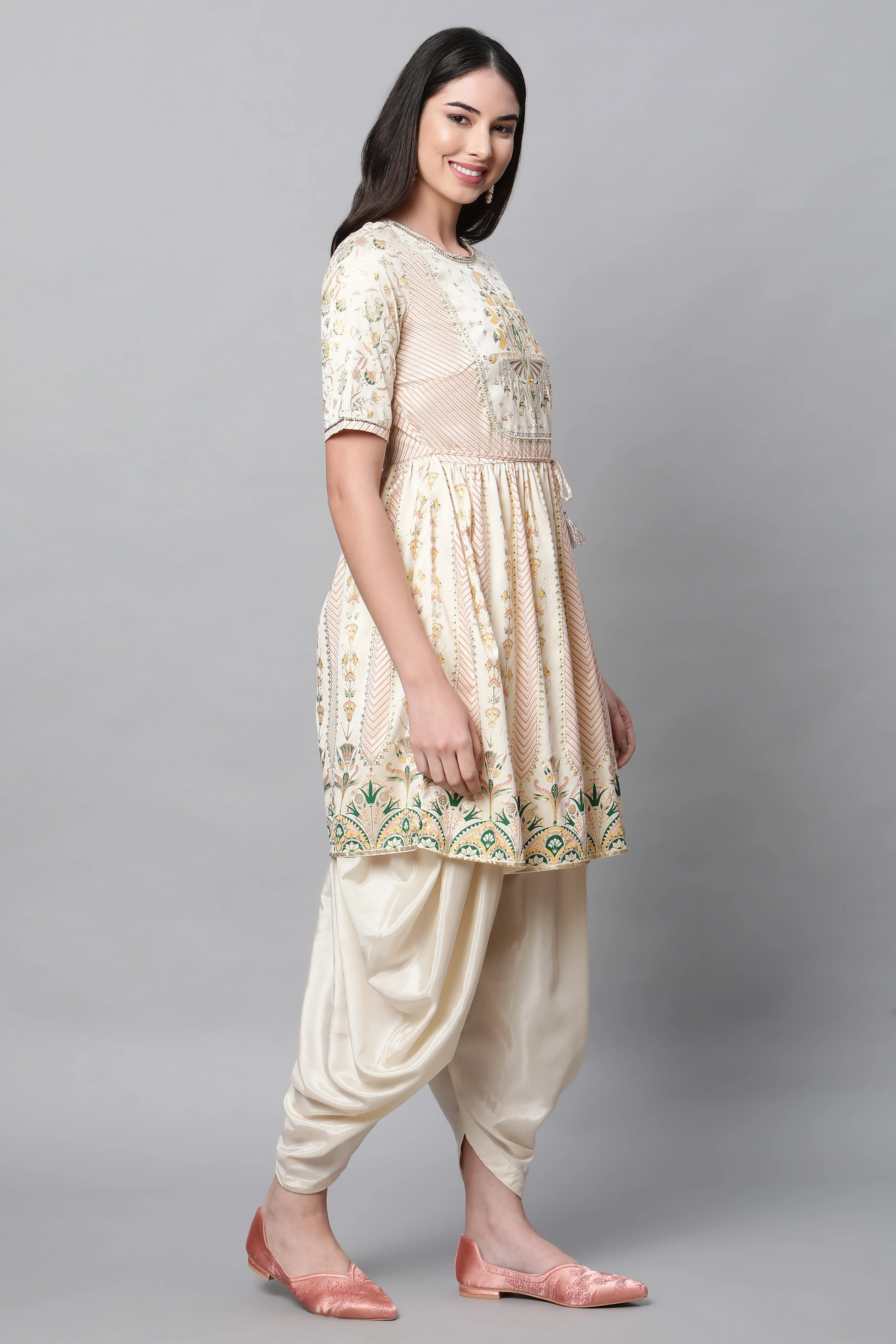 White Printed Festive Short kurta With Dhoti Set - Image 4