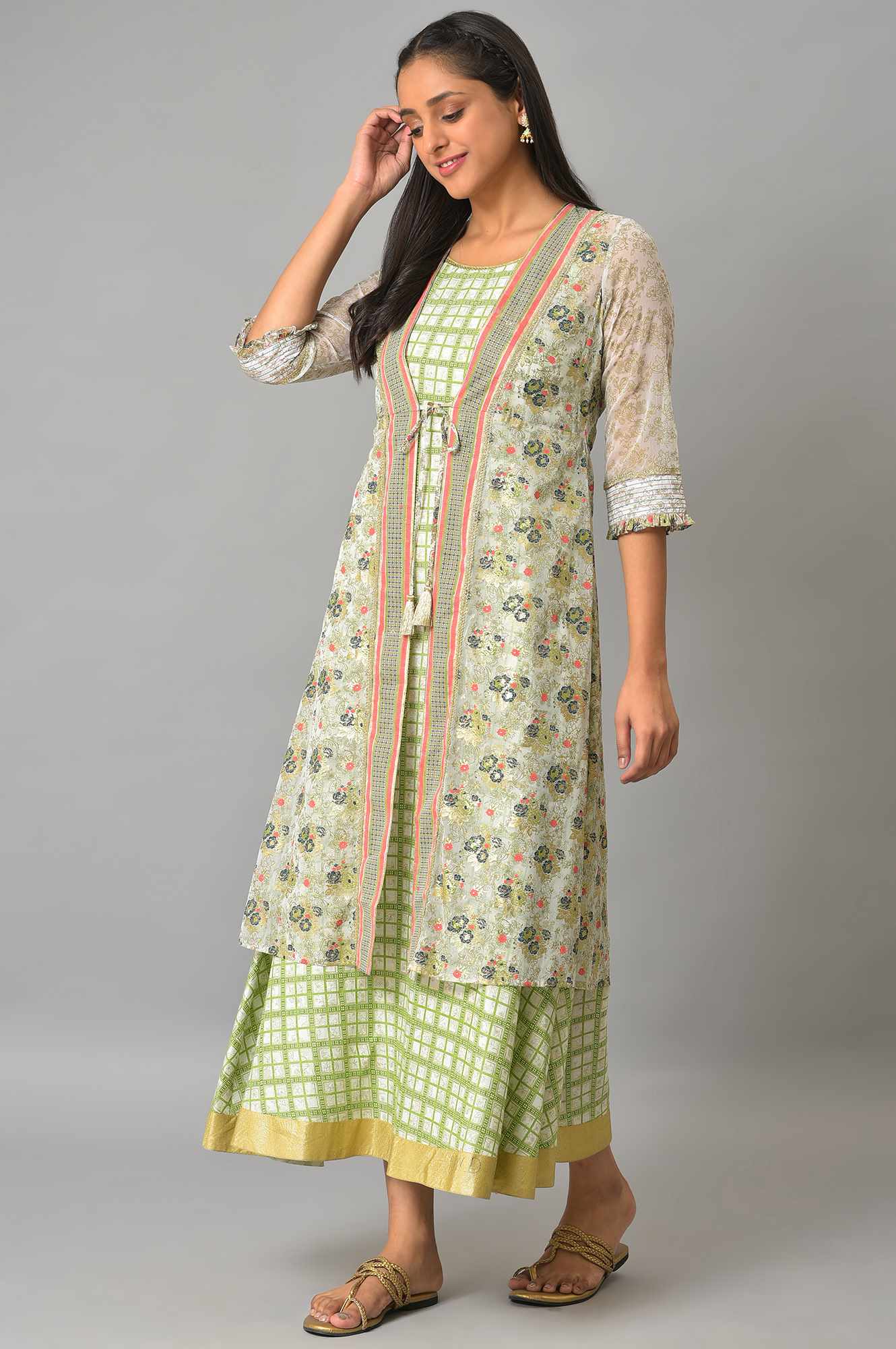 White Sheer Gillet With Green Printed Sleeveless Inner Dress - Image 3