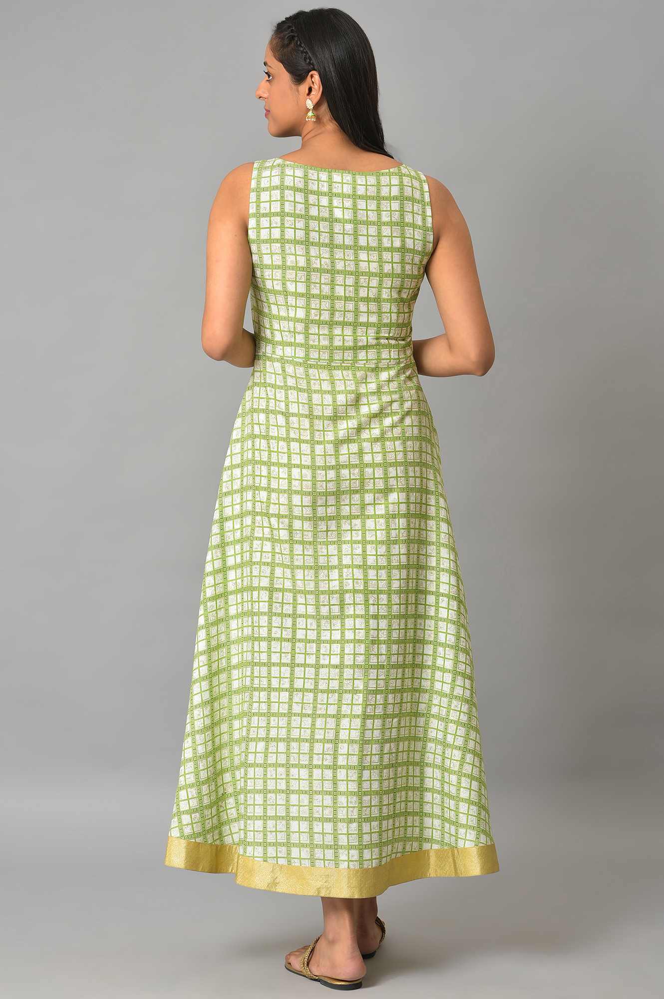 White Sheer Gillet With Green Printed Sleeveless Inner Dress - Image 7