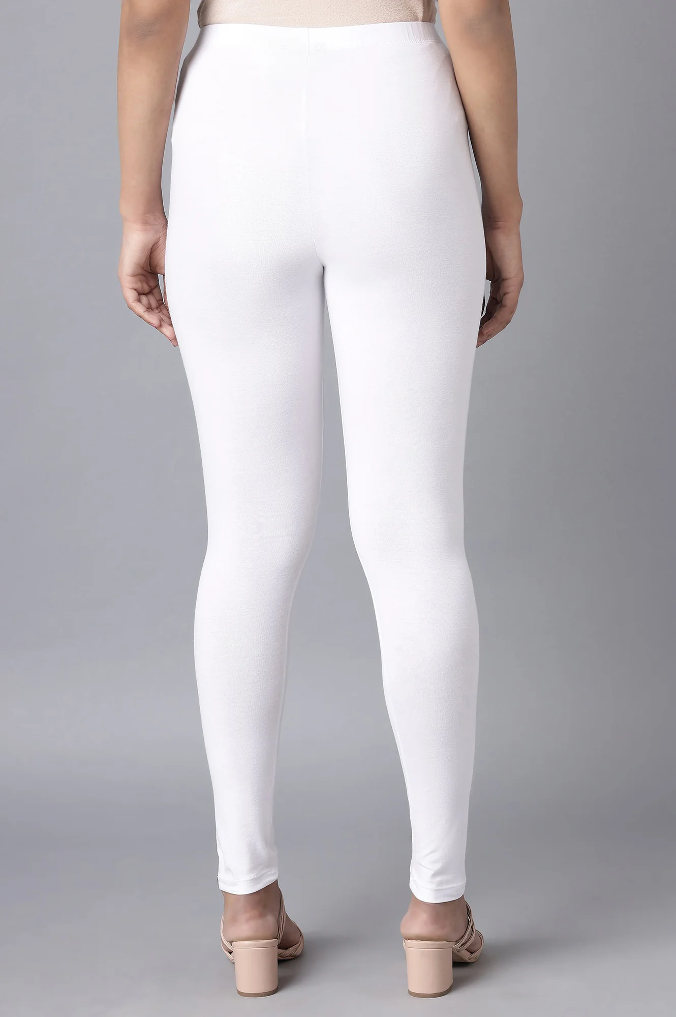White Solid Skinny Fit Cotton Tights With Elasticated Waist - Image 2