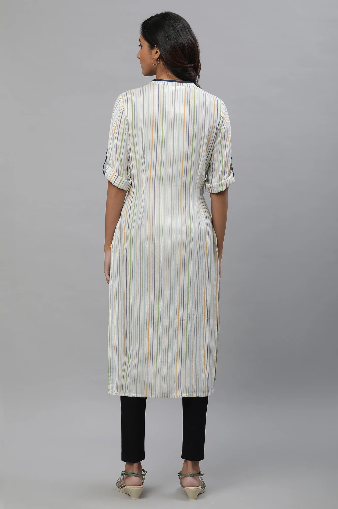 White Multi-Coloured Stripe Cotton Straight Kurta - Image 4