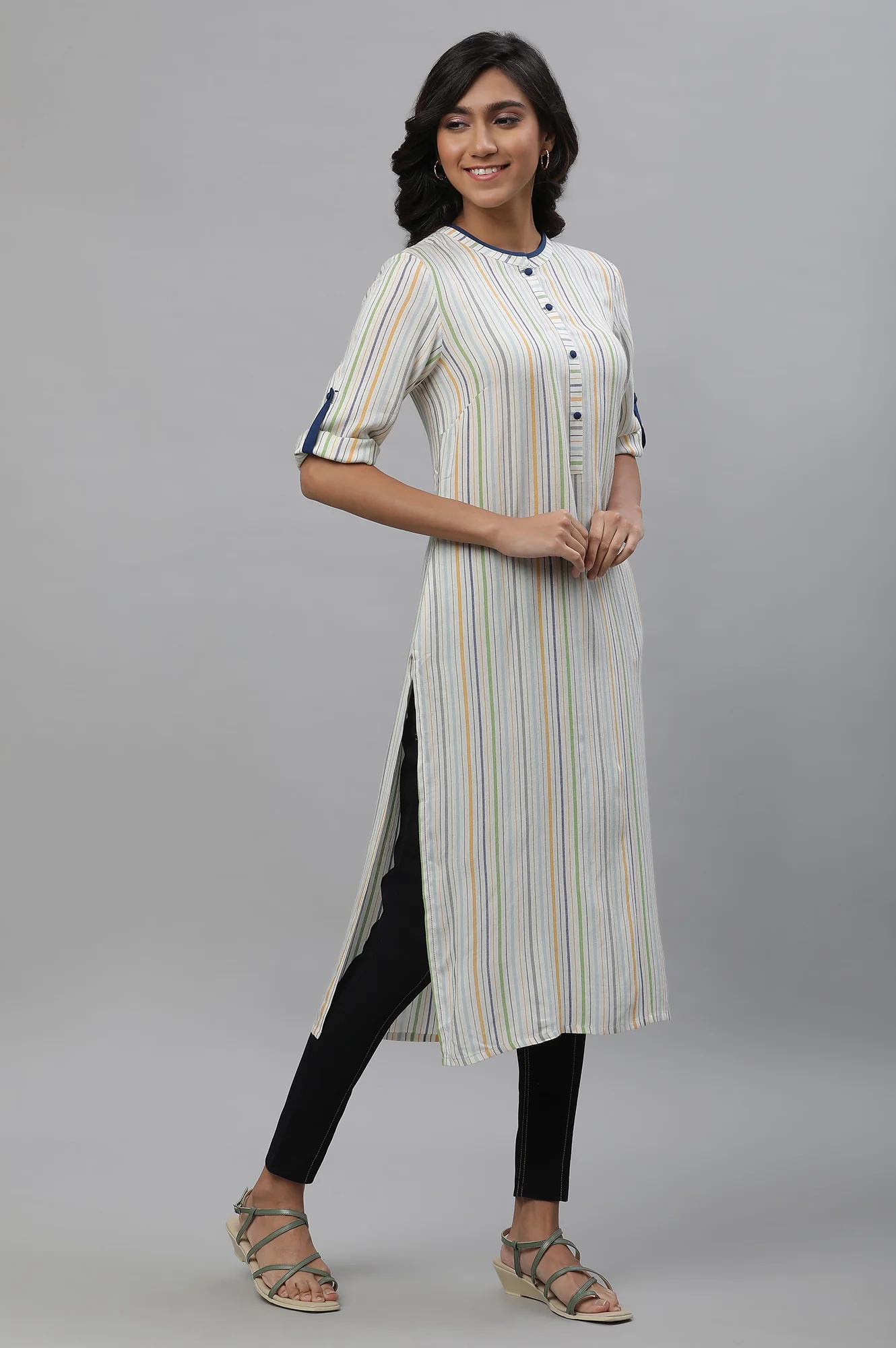White Multi-Coloured Stripe Cotton Straight Kurta - Image 5