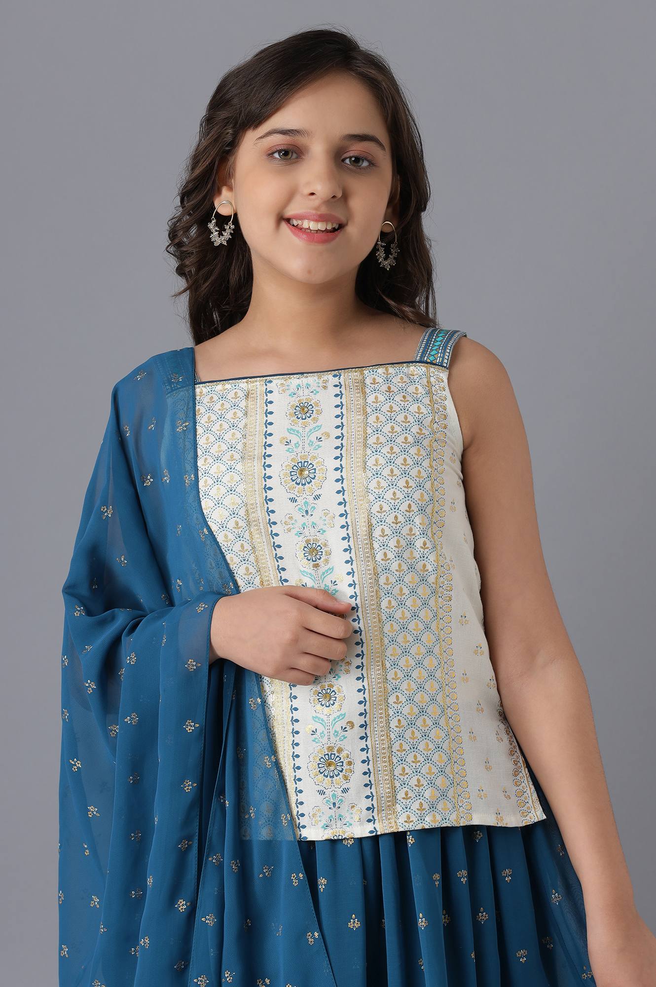 White Top and Blue Skirt Girls Set - Image 5