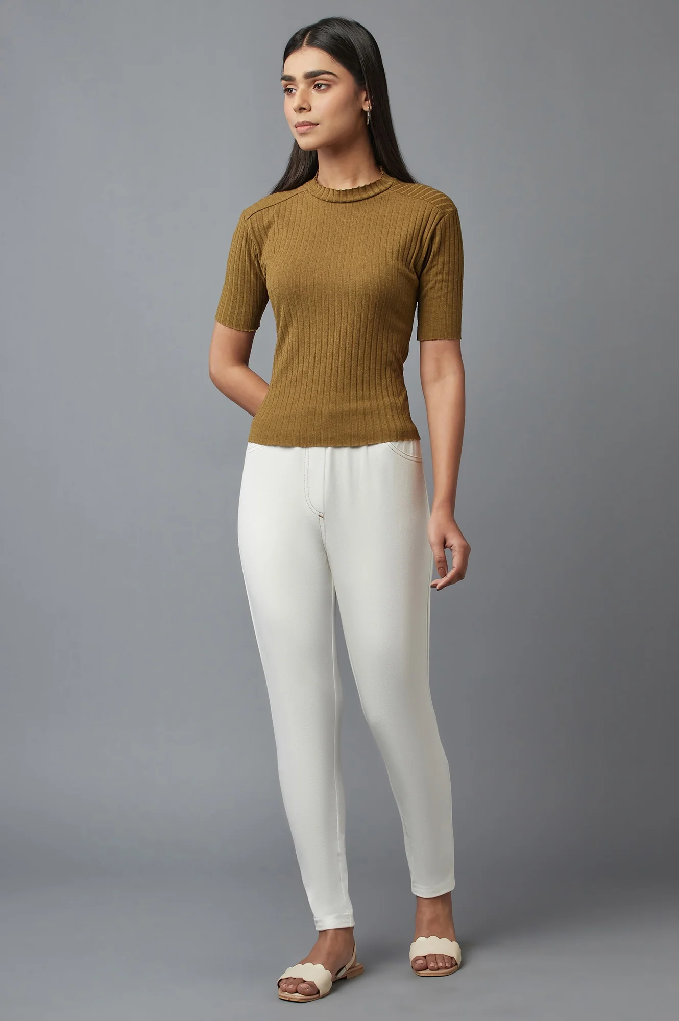 White Solid Skinny Fit Cotton Jeggings With Elasticated Waist - Image 5