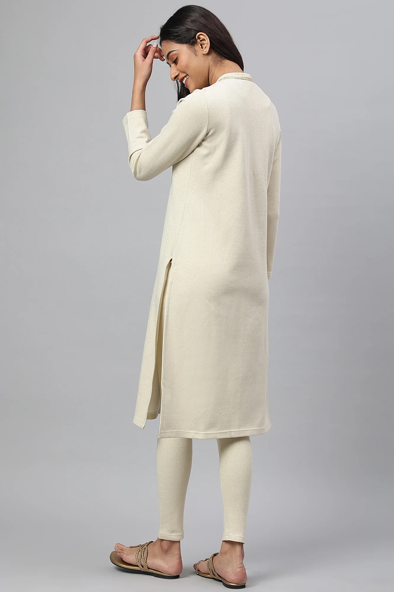 White Zari Embroidered Winter kurta - Image 4