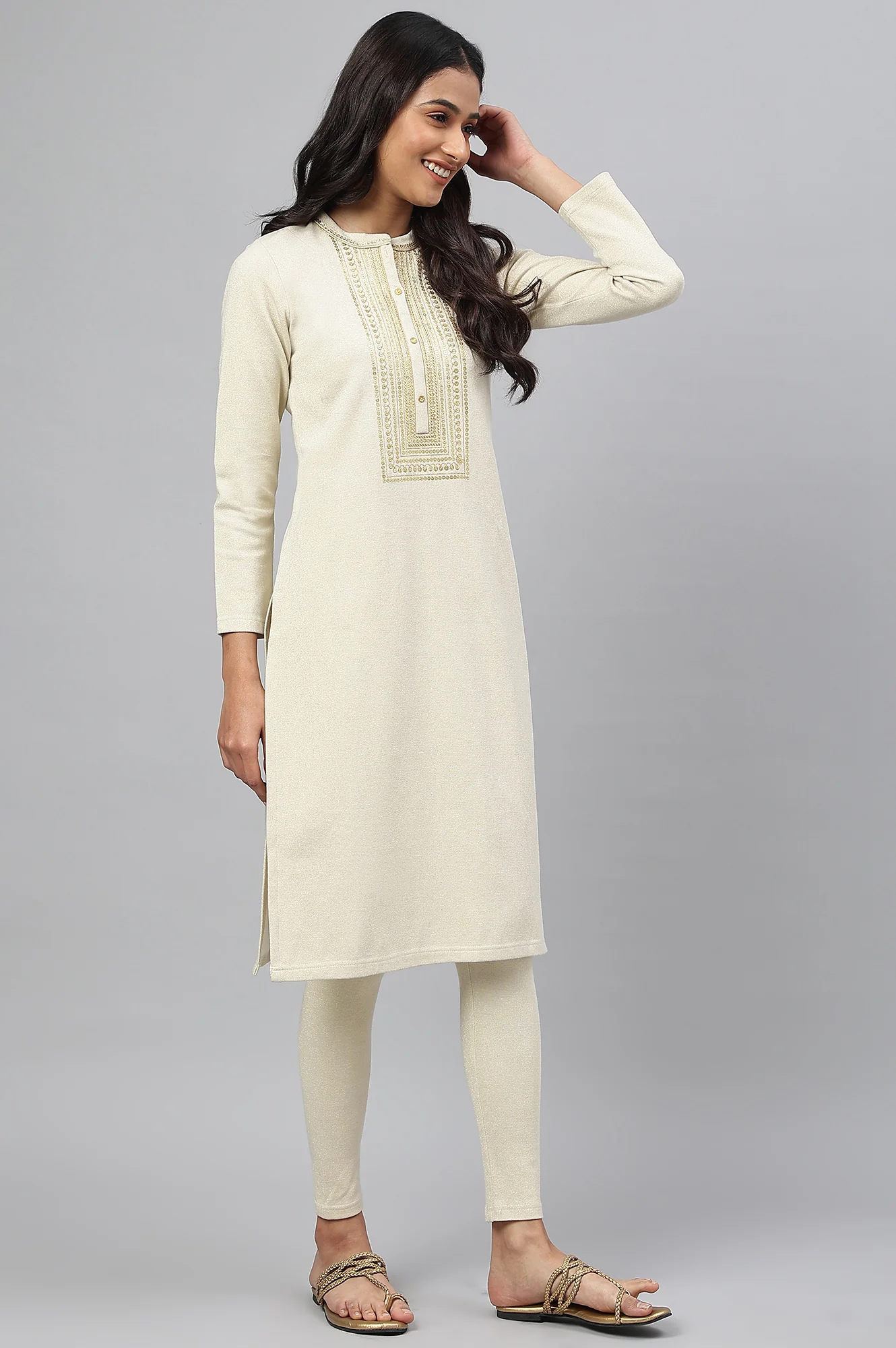 White Zari Embroidered Winter kurta - Image 6