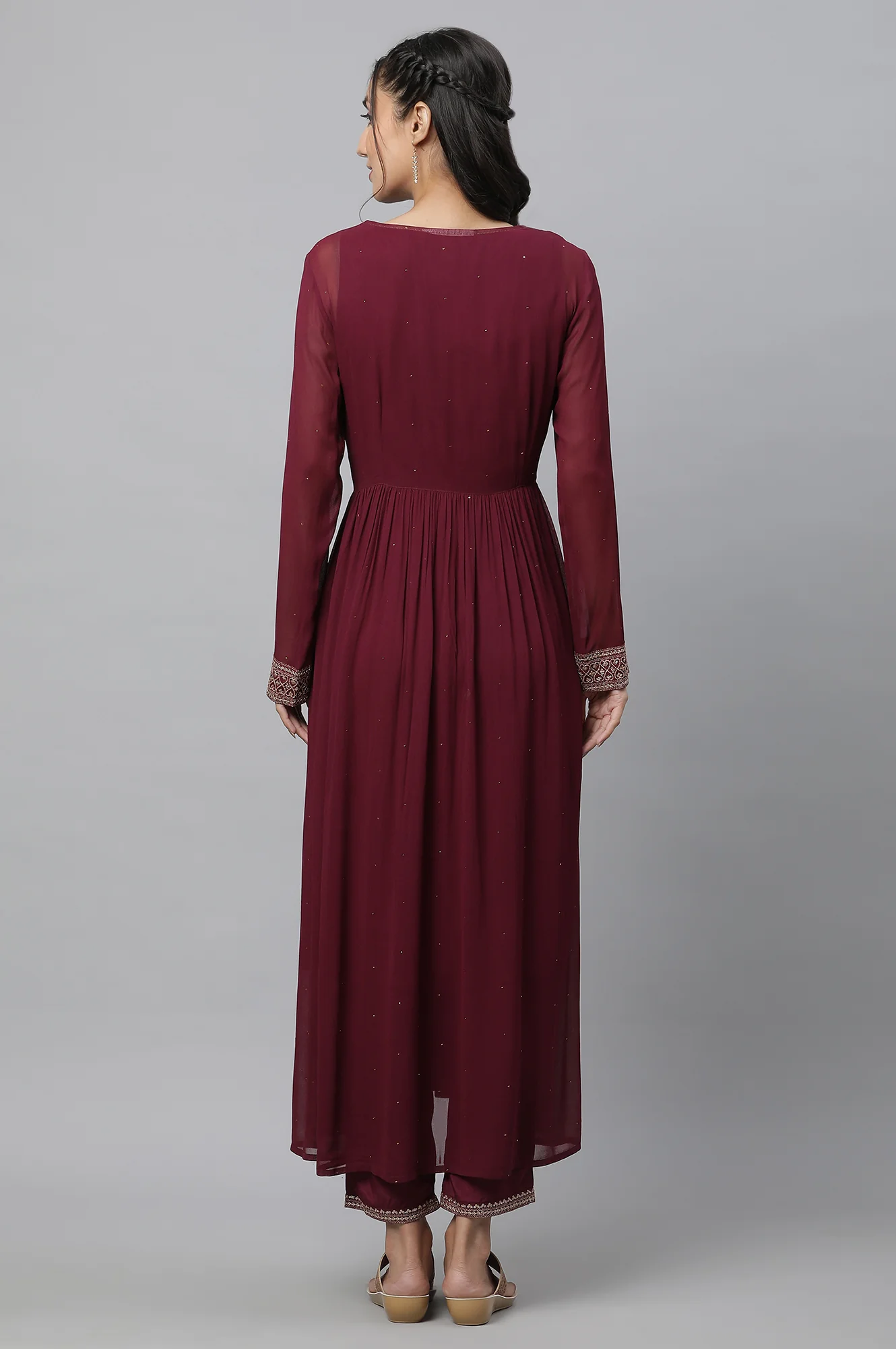 Wine Embroidered Sheer Gilet, Kurta and Pants Set - Image 4