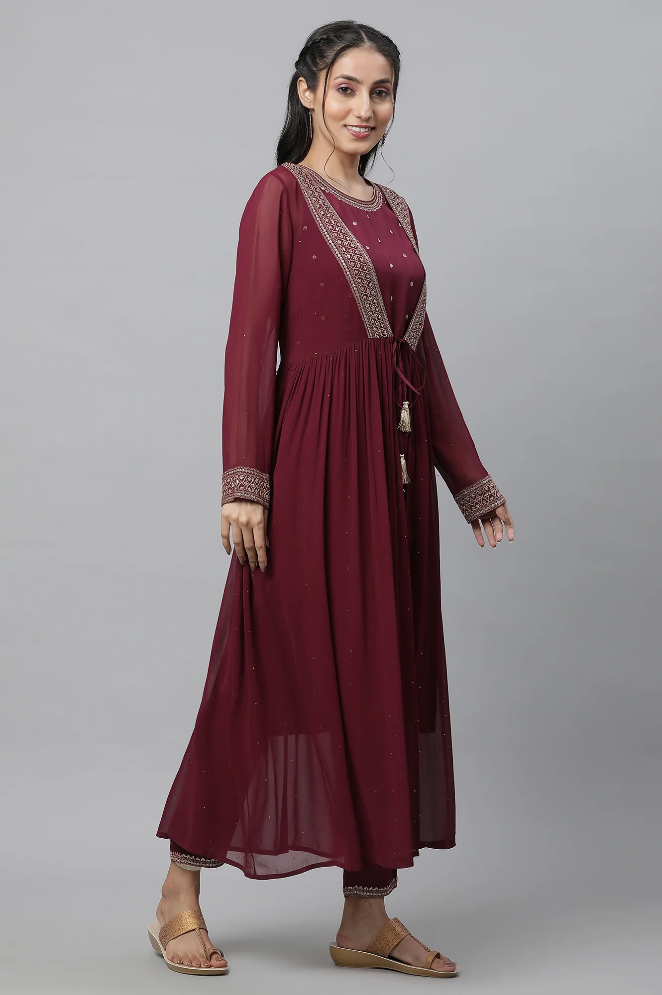 Wine Embroidered Sheer Gilet, Kurta and Pants Set - Image 5