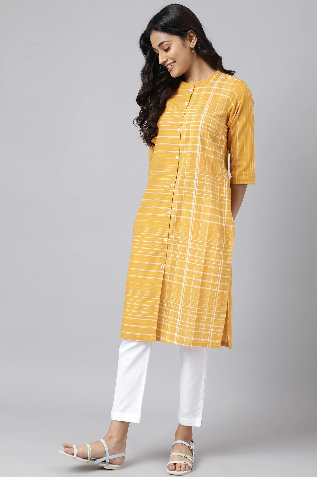 Yellow Asymmetric Placement kurta - Image 3