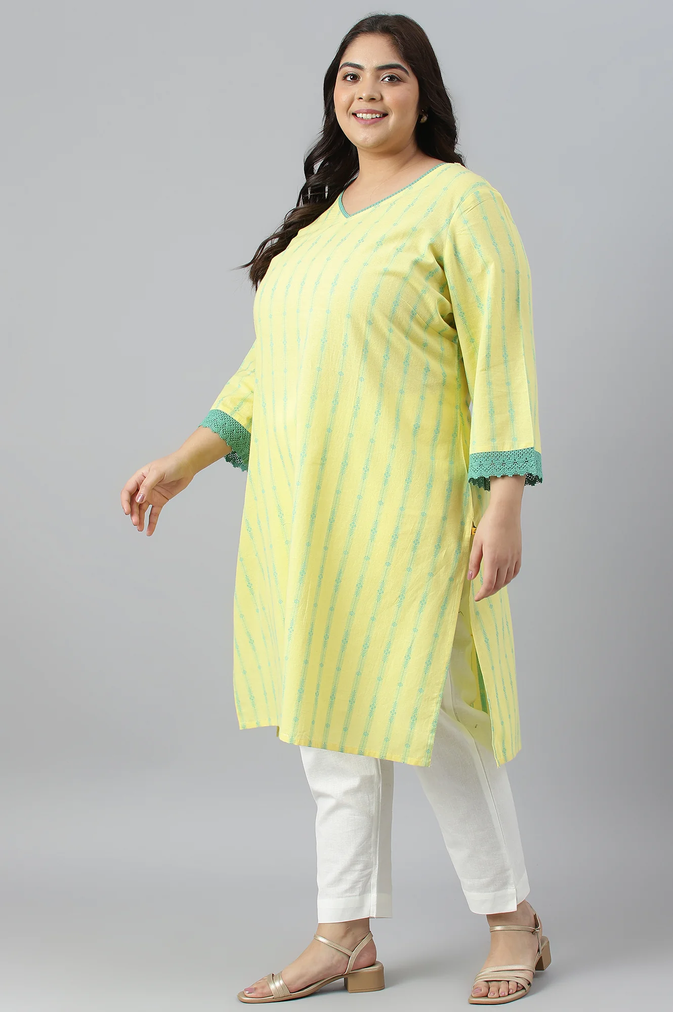 Yellow Cotton Dobby V-Neck Plus Size kurta - Image 4