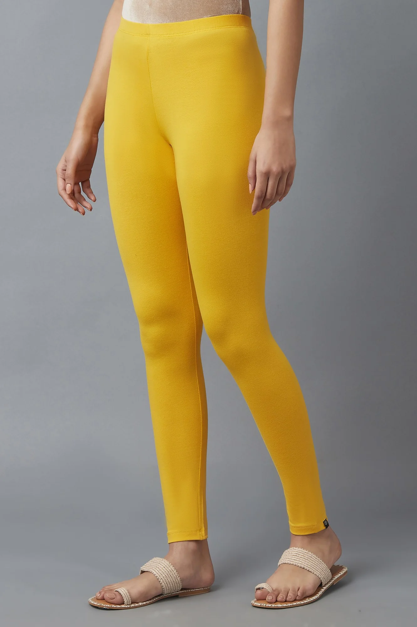 Yellow Solid Skinny Fit Cotton Tights With Elasticated Waist - Image 3