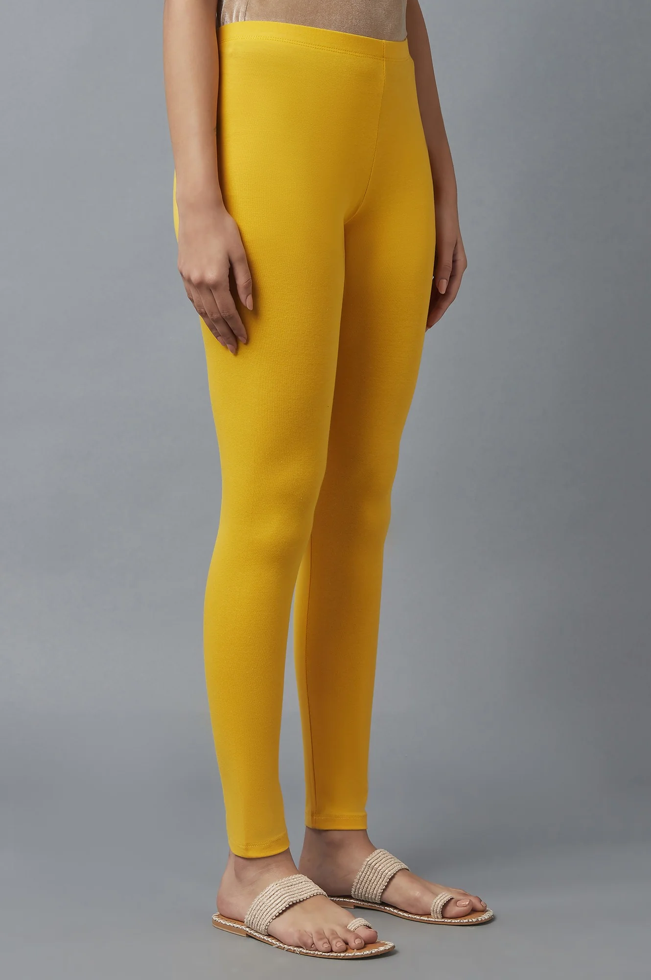 Yellow Solid Skinny Fit Cotton Tights With Elasticated Waist - Image 4