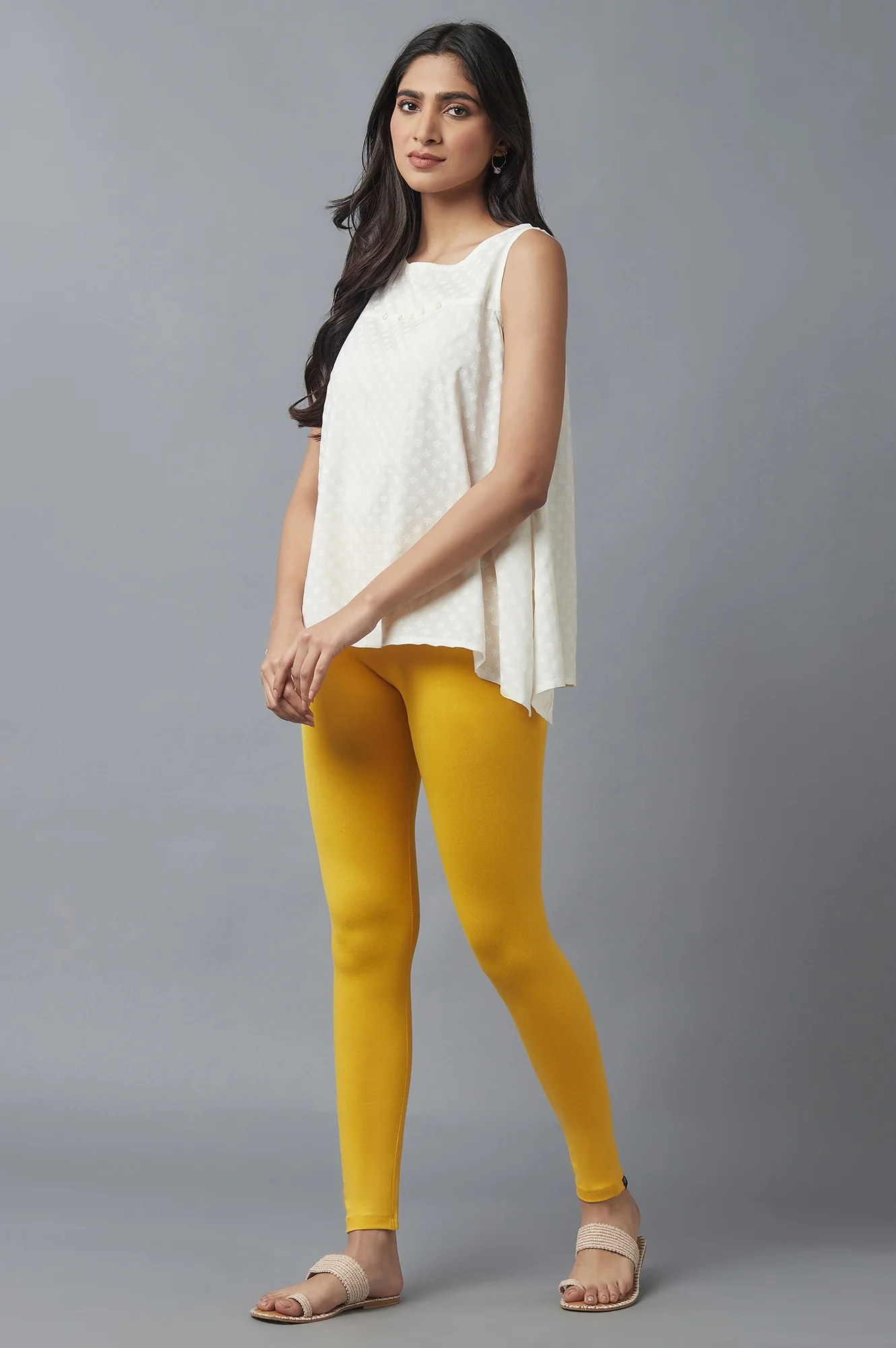 Yellow Solid Skinny Fit Cotton Tights With Elasticated Waist - Image 5