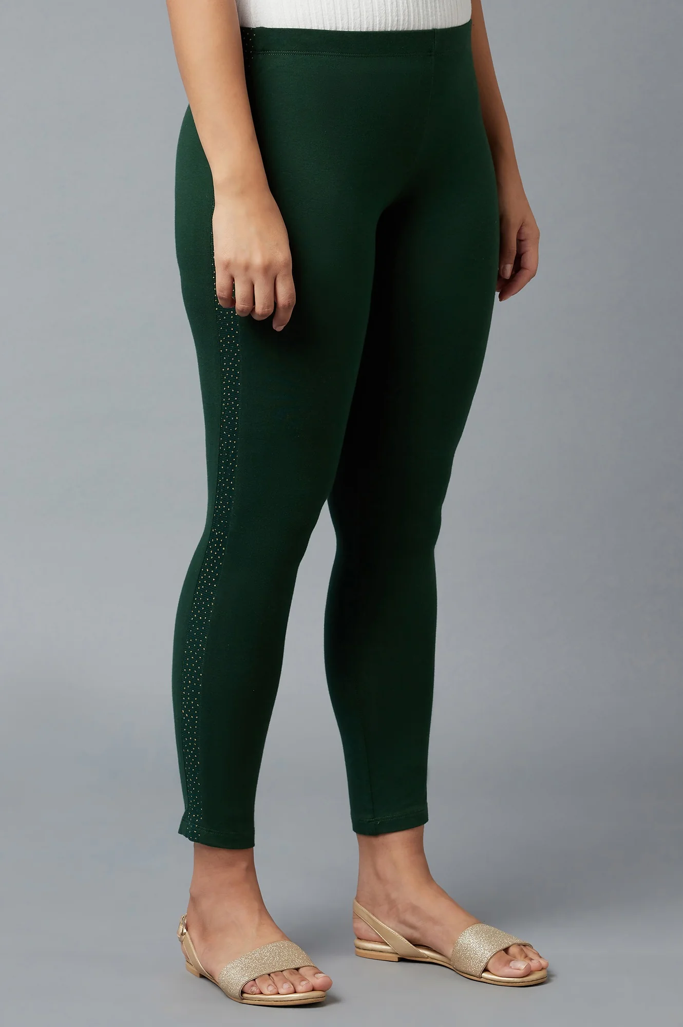 Green Solid Skinny Fit Cotton Tights With Elasticated Waist - Image 4
