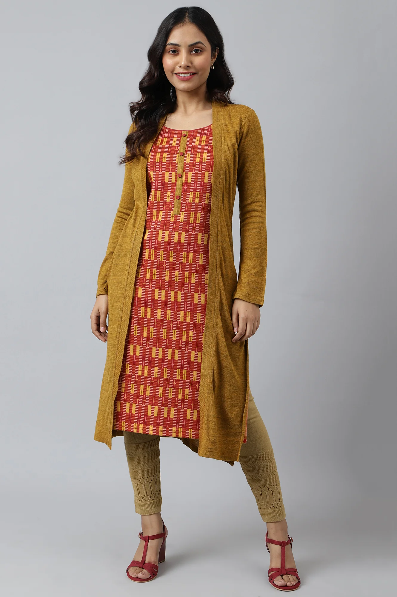 Yellow Double Layered Printed Winter kurta - Image 5