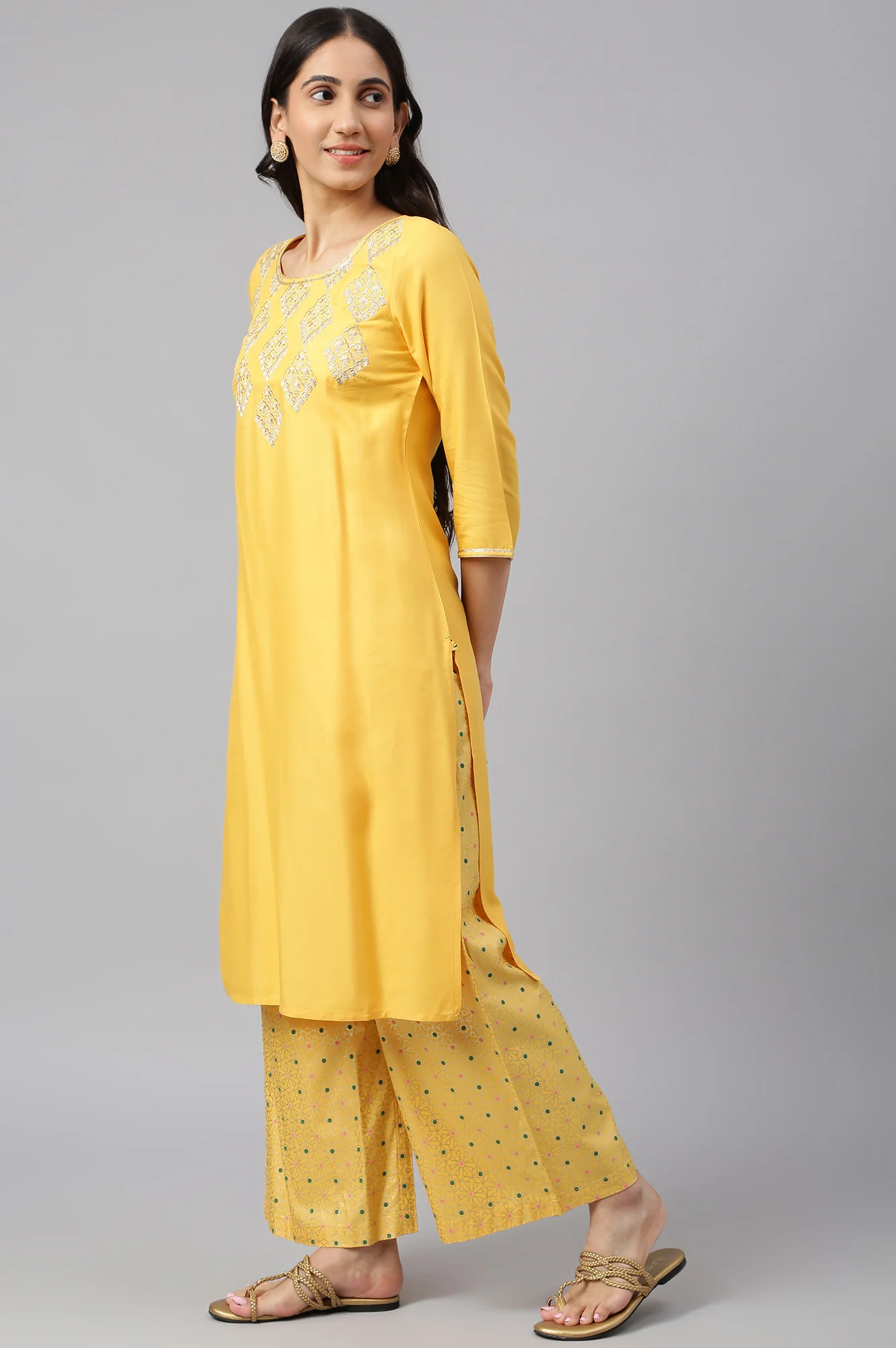 Yellow Embroidered kurta- Palazzo- Green Dupatta Set - Image 3