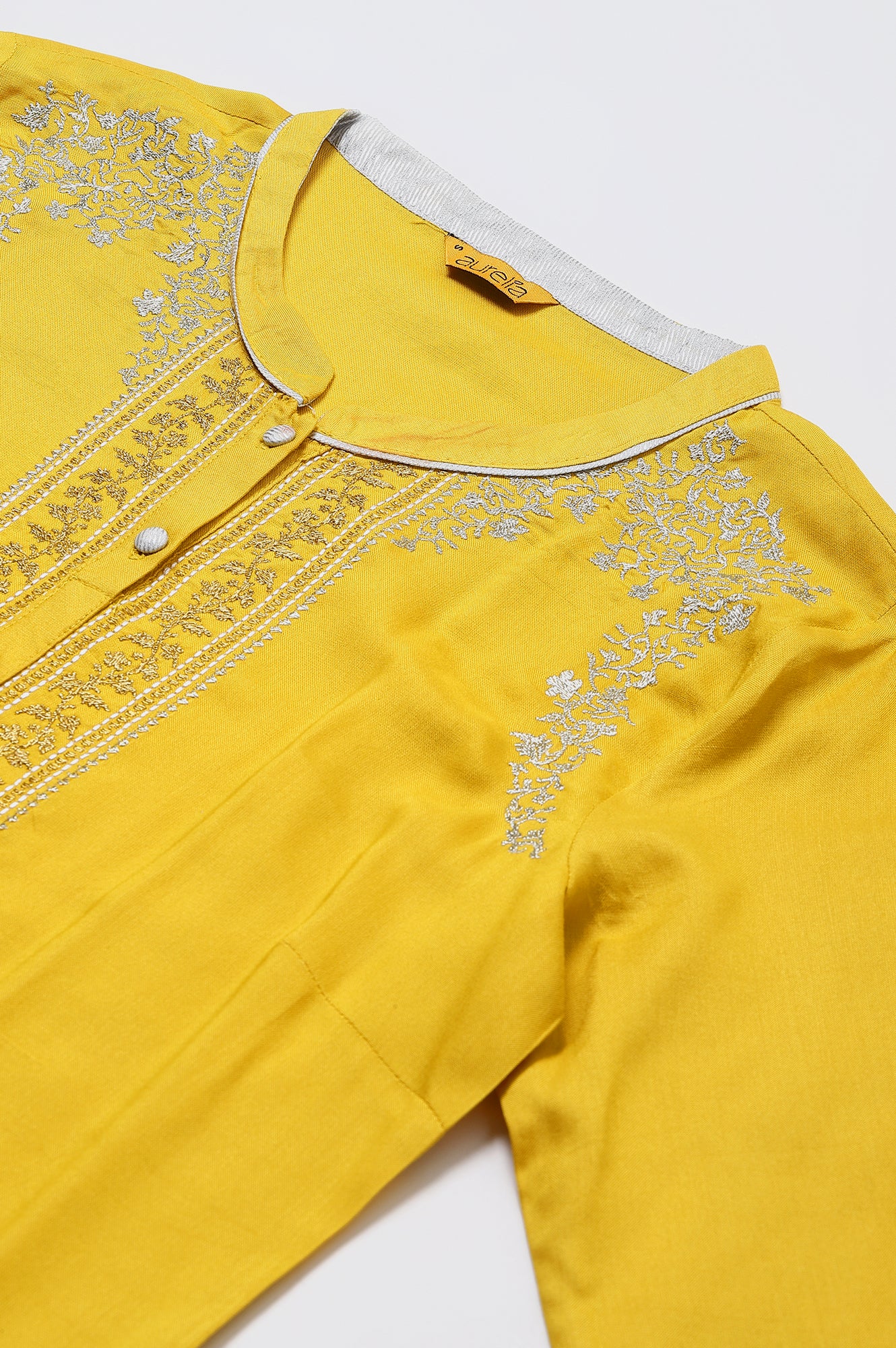 Yellow Embroidered kurta-Palazzo-Silver Dupatta Set - Image 2