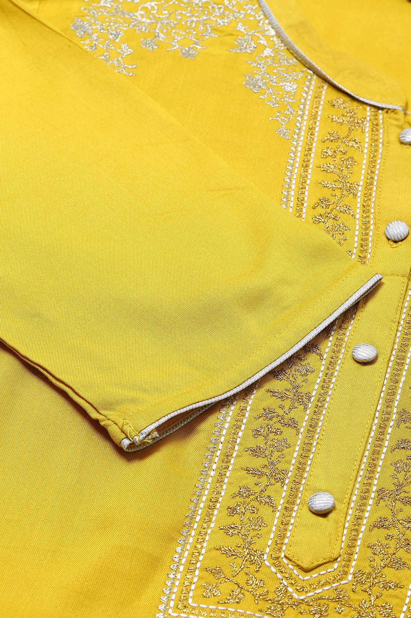 Yellow Embroidered kurta-Palazzo-Silver Dupatta Set - Image 7