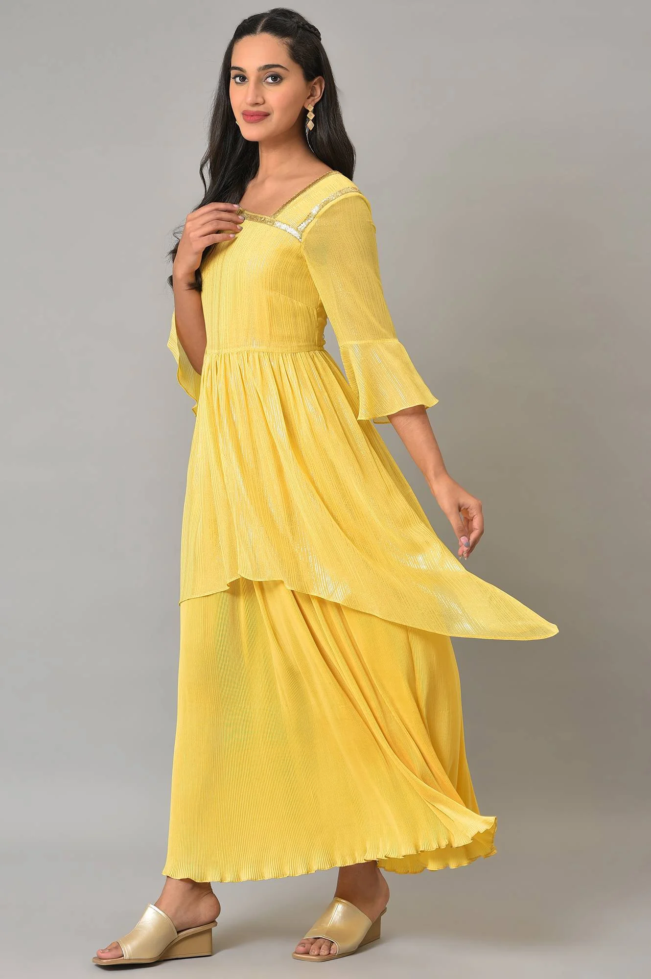 Yellow Flared Printed Modern Ethnic Dress - Image 3