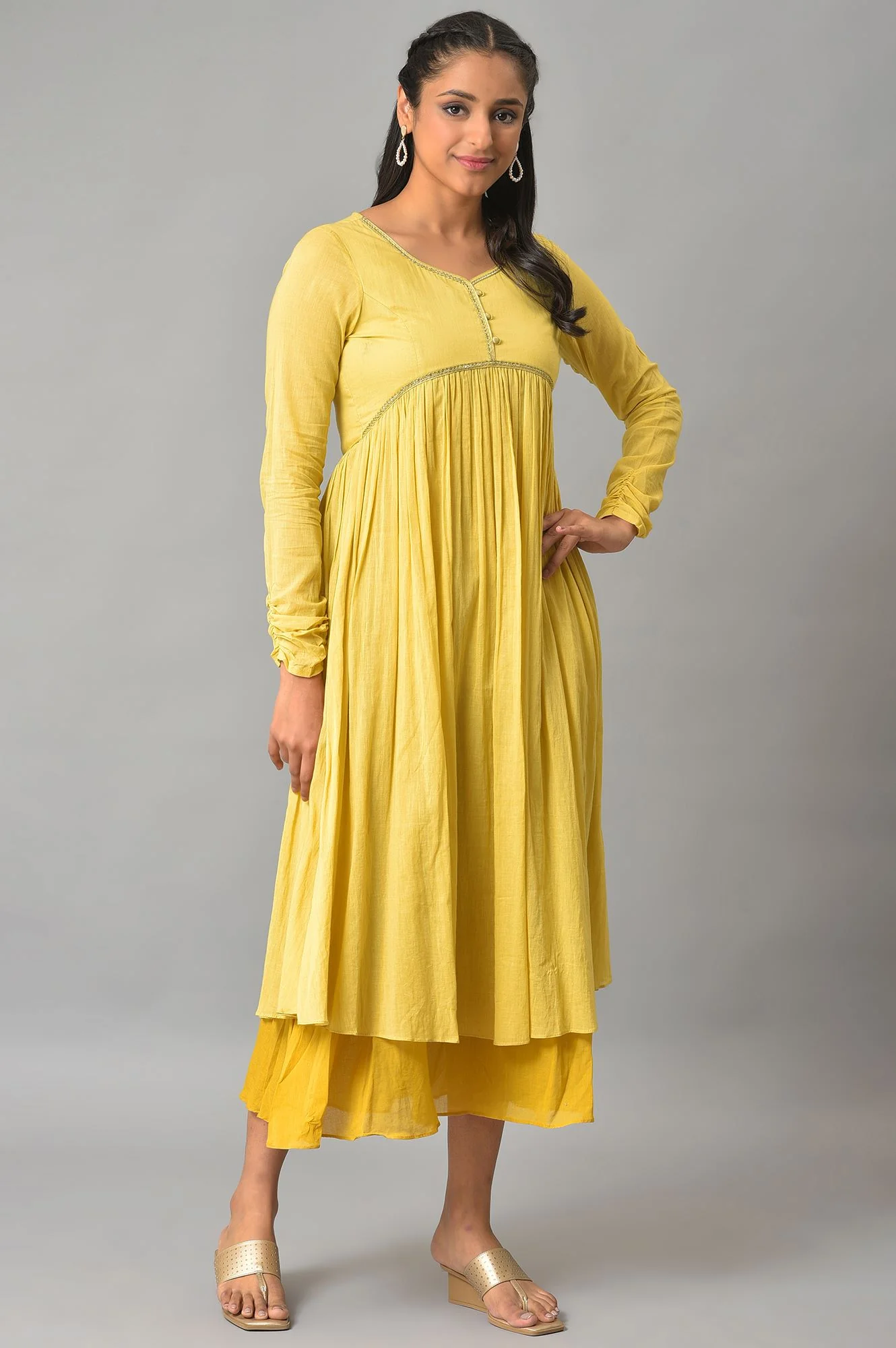 Yellow Flared Solid Plus Size Dress - Image 4