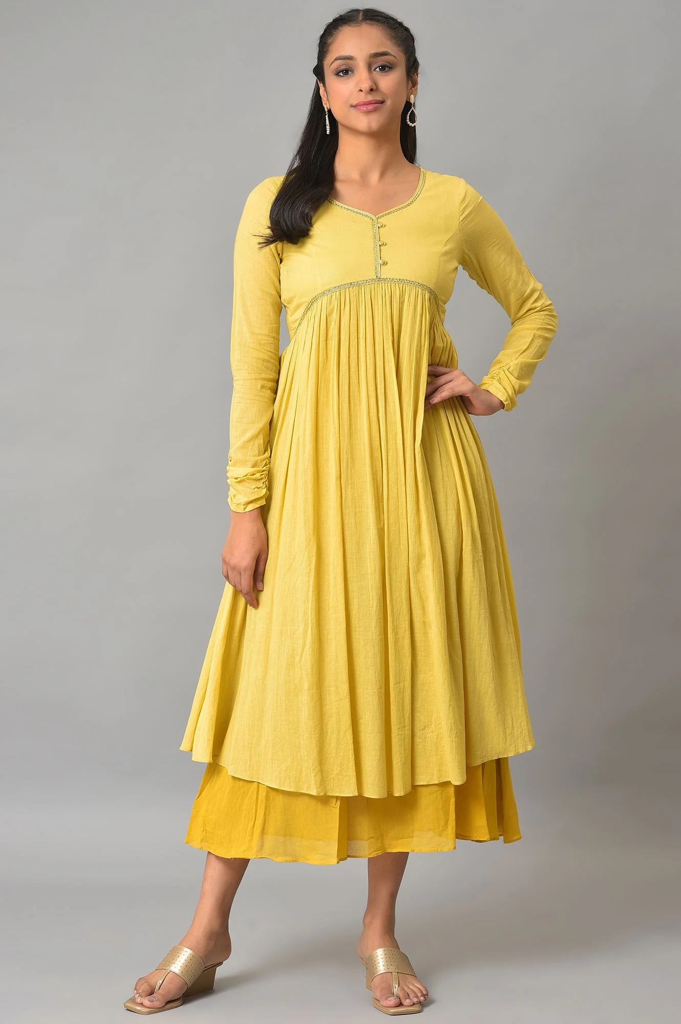 Yellow Flared Solid Plus Size Dress - Image 6