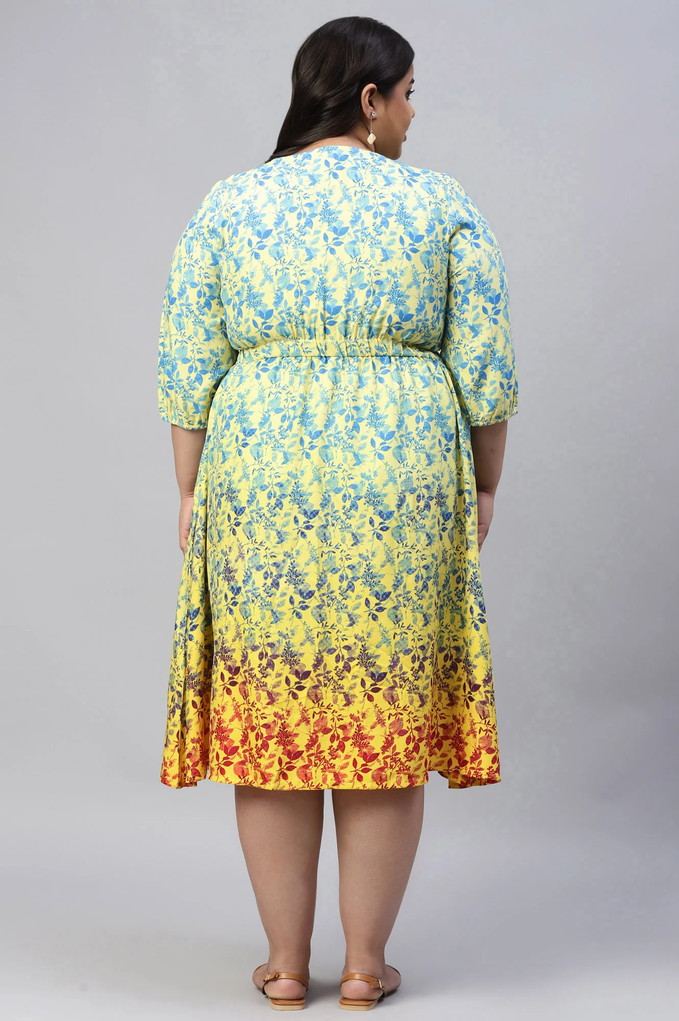 Yellow Floral Flared Plus Size Dress - Image 2