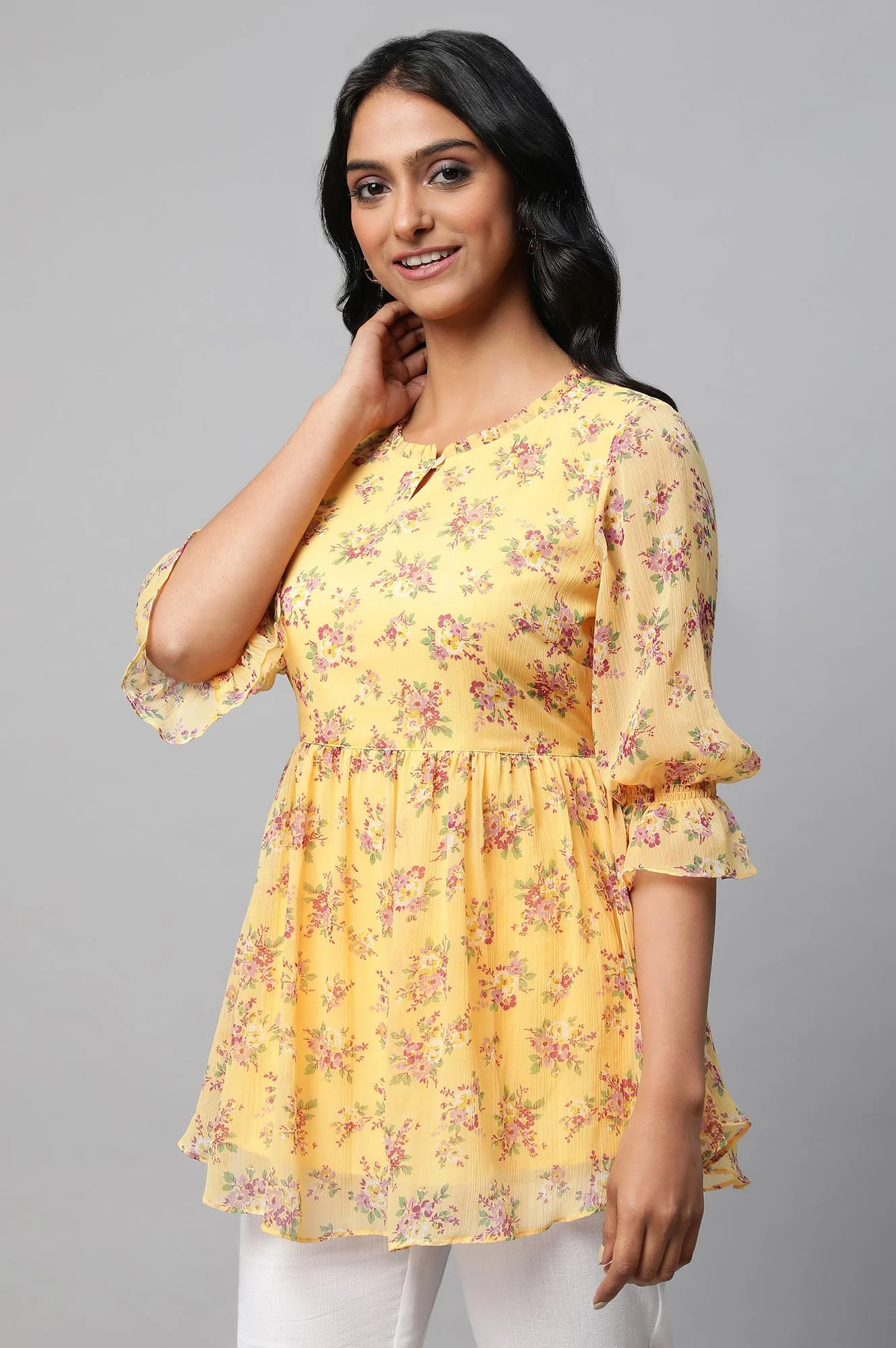 Yellow Floral Print Flared Short Chiffon kurta - Image 3