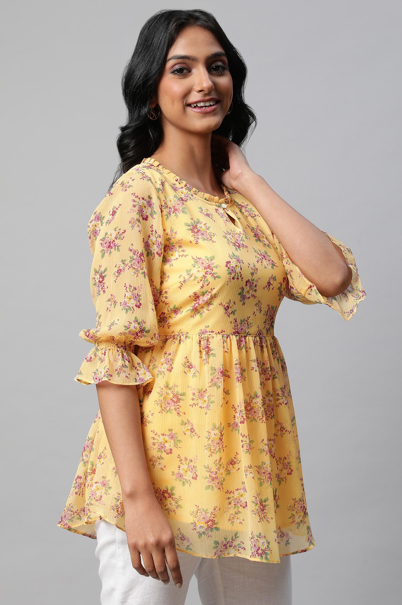 Yellow Floral Print Flared Short Chiffon kurta - Image 4