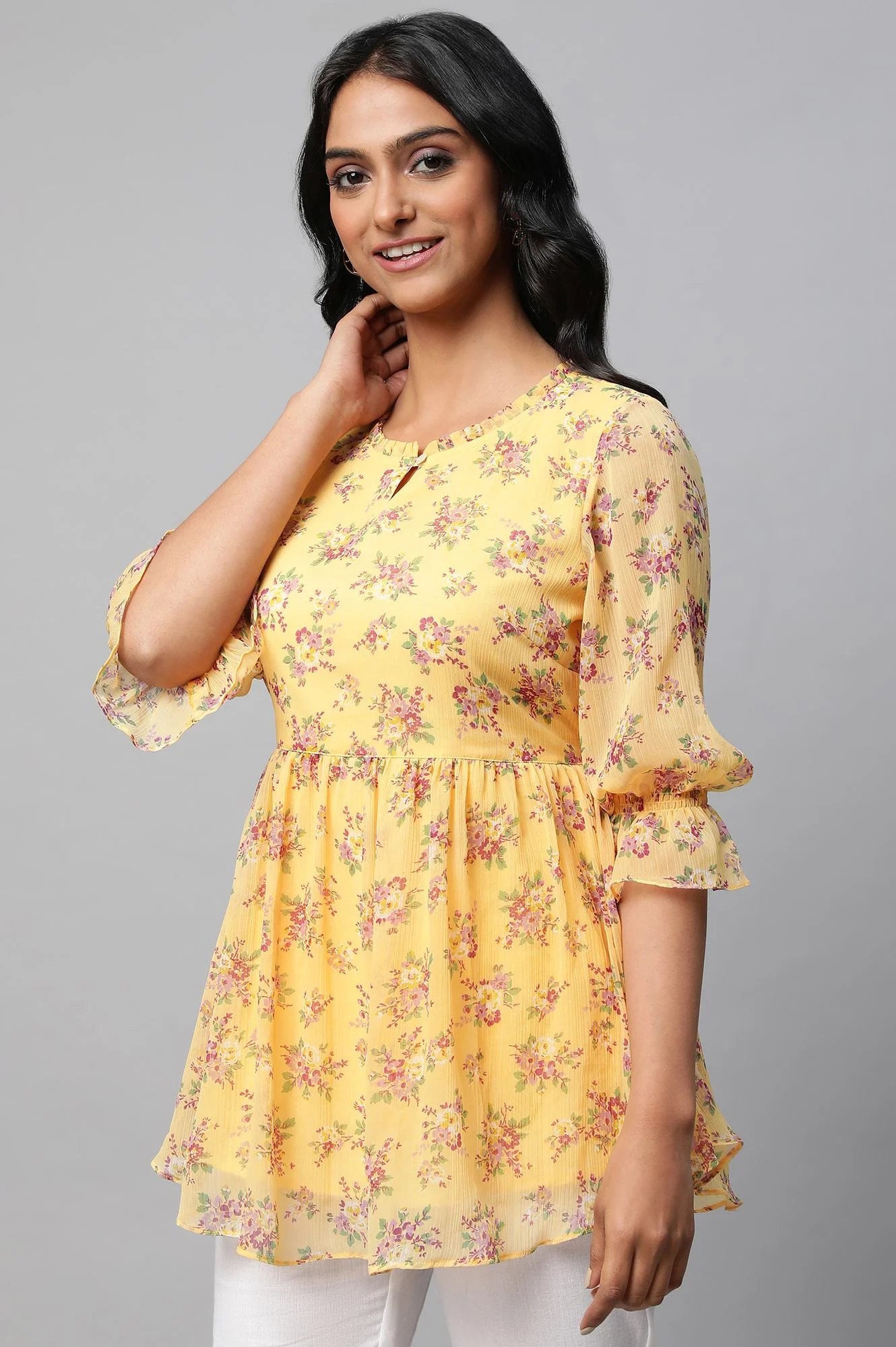 Yellow Floral Print Flared Short Chiffon kurta - Image 7