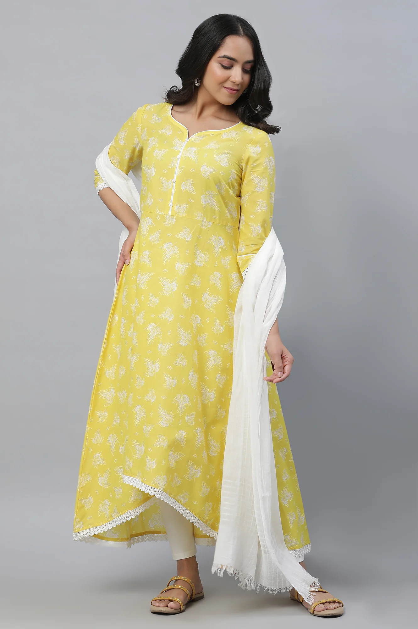Yellow Floral Printed High-Low Kurta - Image 5