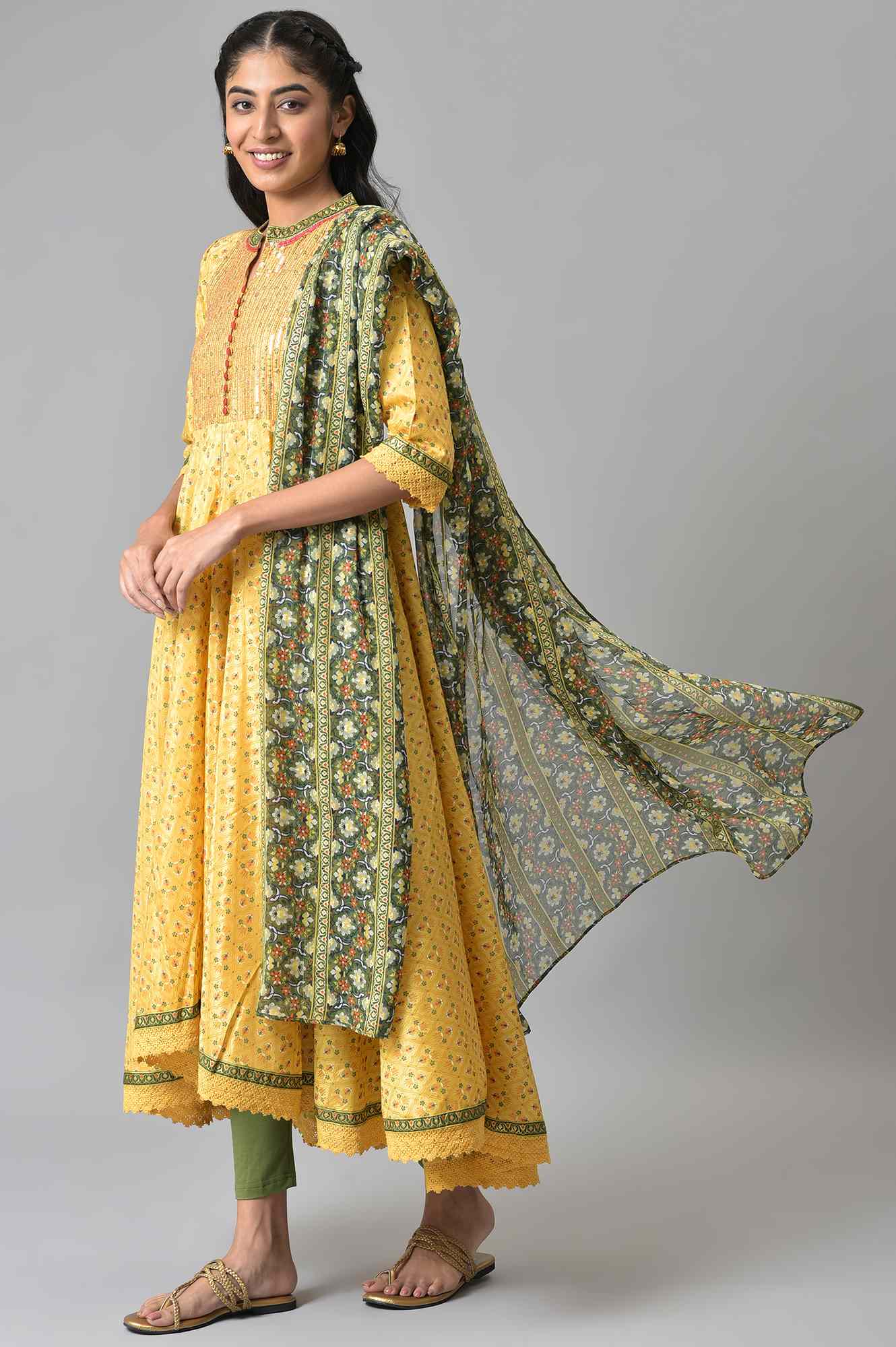 Yellow Floral Printed kurta with Green Tights and Dupatta - Image 8