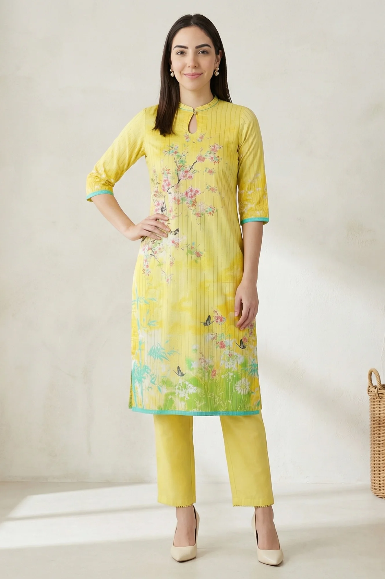 Yellow Floral Printed Straight Summer kurta