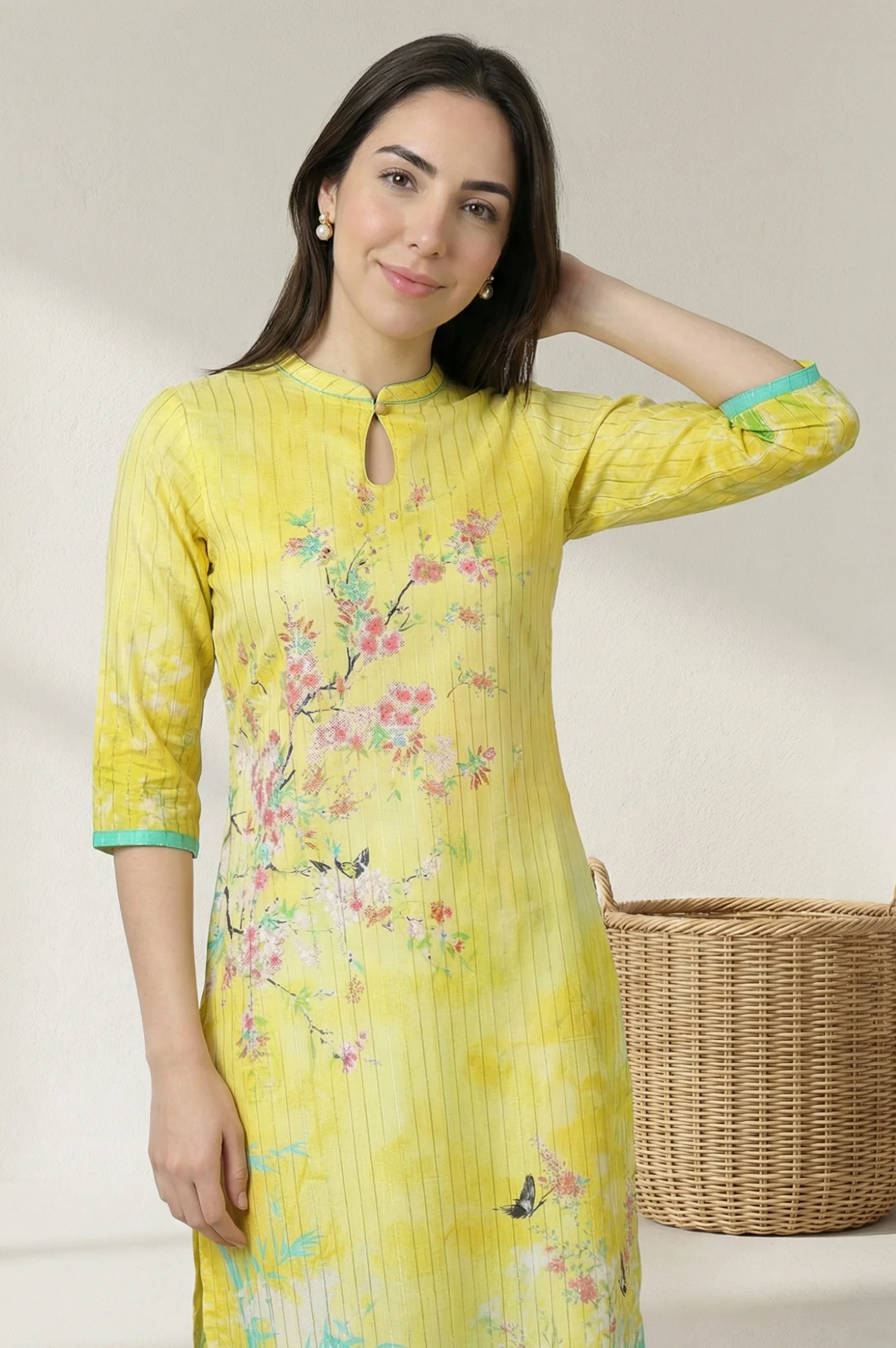Yellow Floral Printed Straight Summer kurta - Image 3
