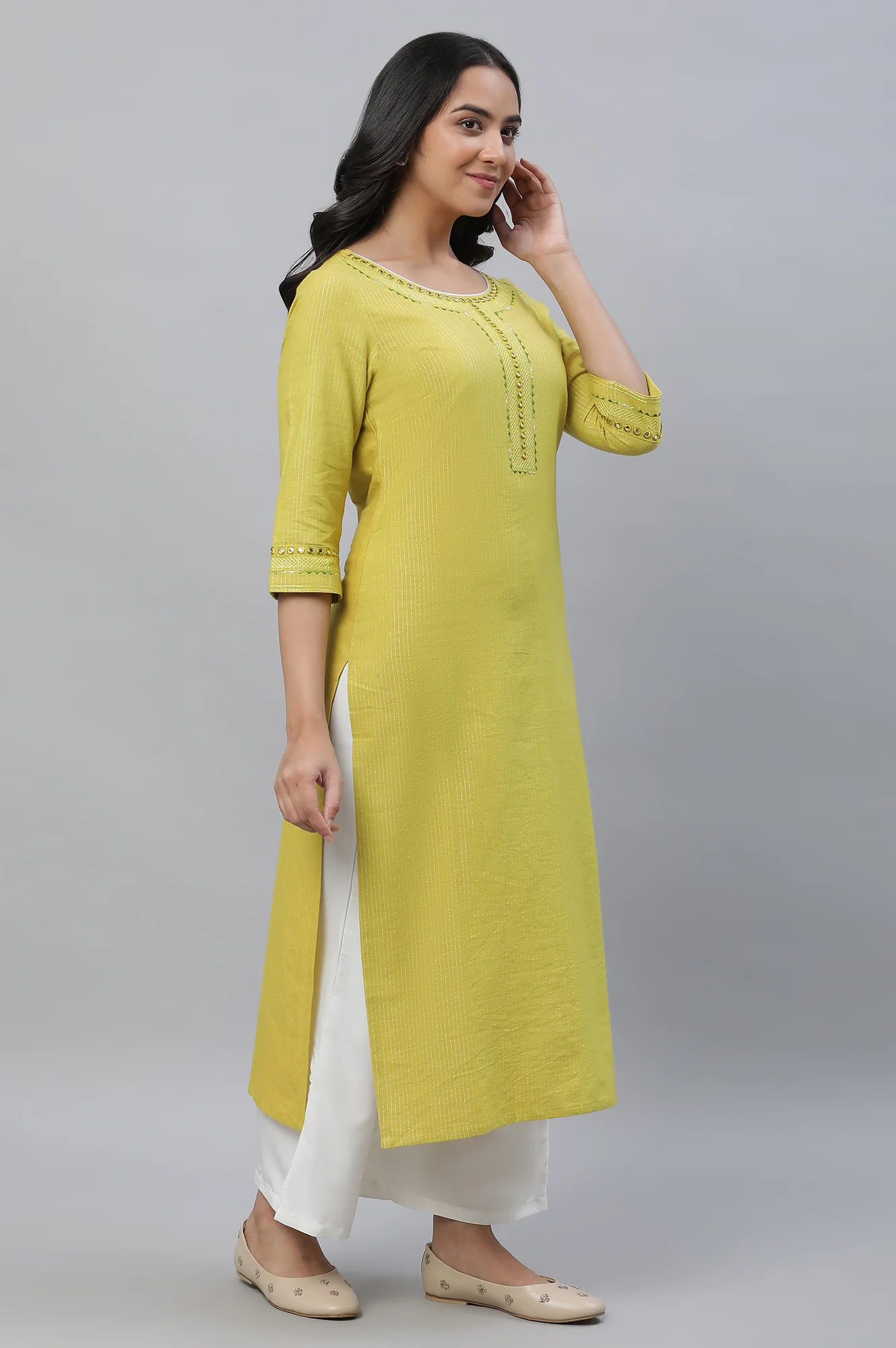 Yellow Lurex Stripe Kurta with Embroidery - Image 5