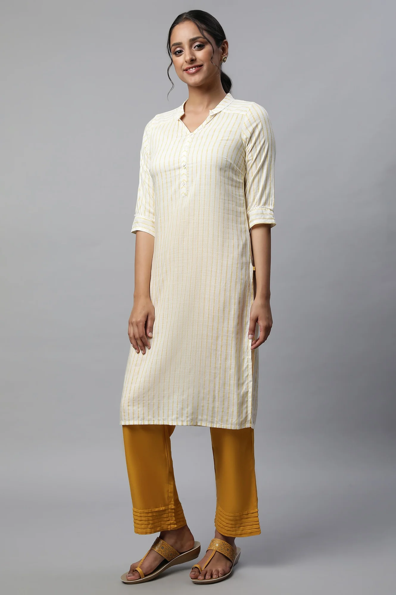 Yellow Narrow Palazzo With Pleats - Image 5