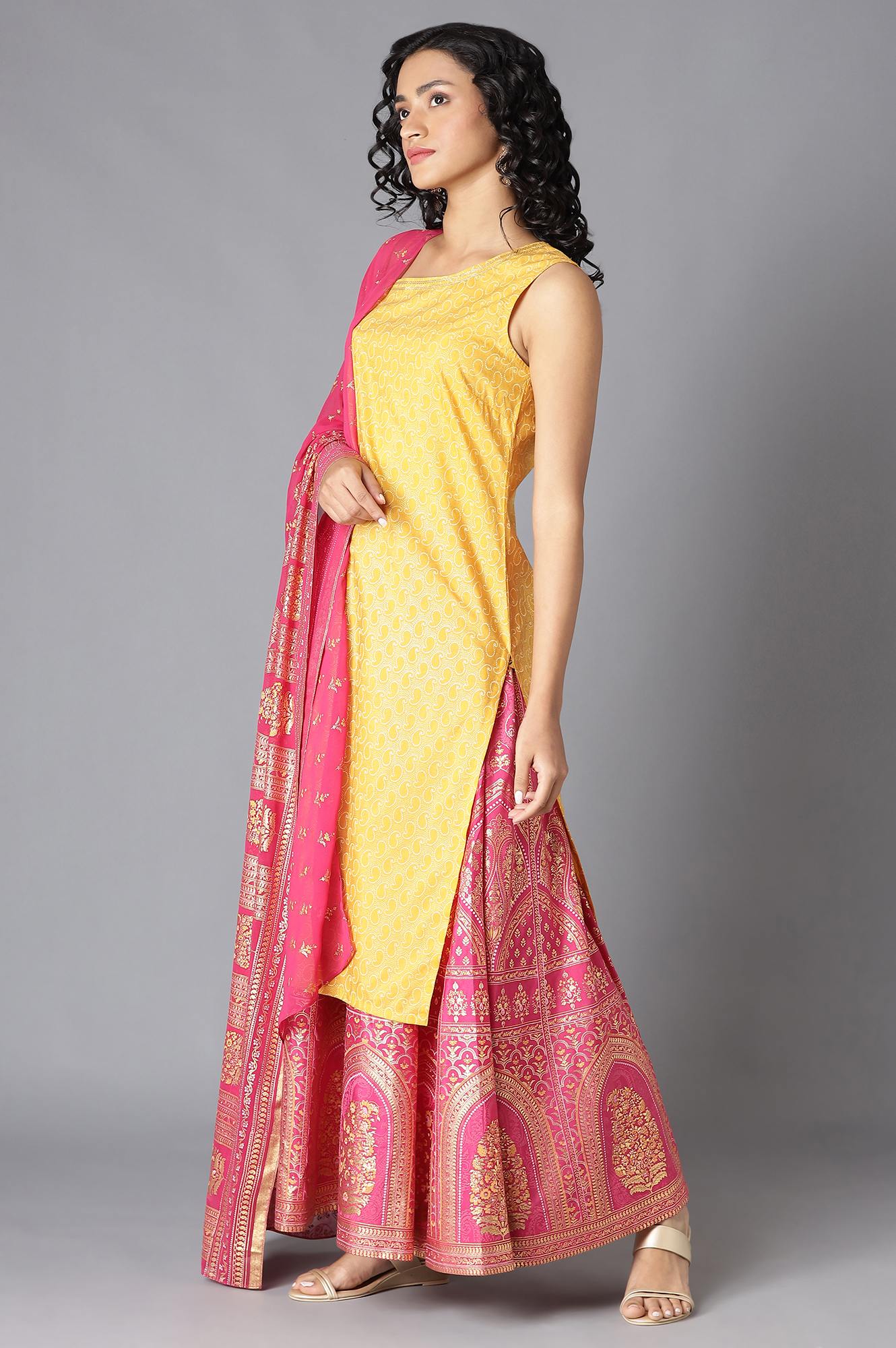Yellow One Shoulder kurta, Pink Skirt and Dupatta Set - Image 3