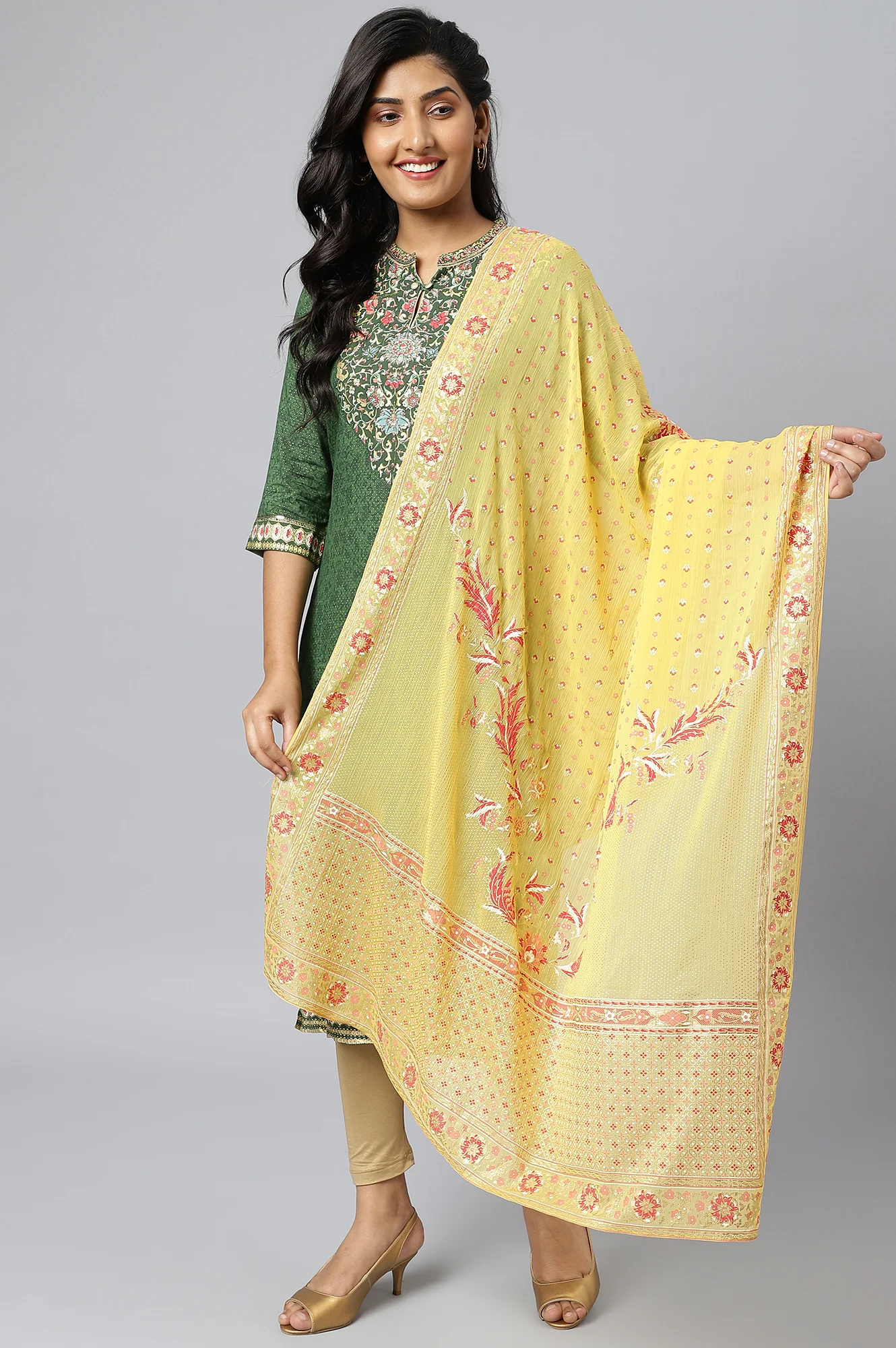 Yellow Placement Print Silver Chiffon Dupatta - Image 3